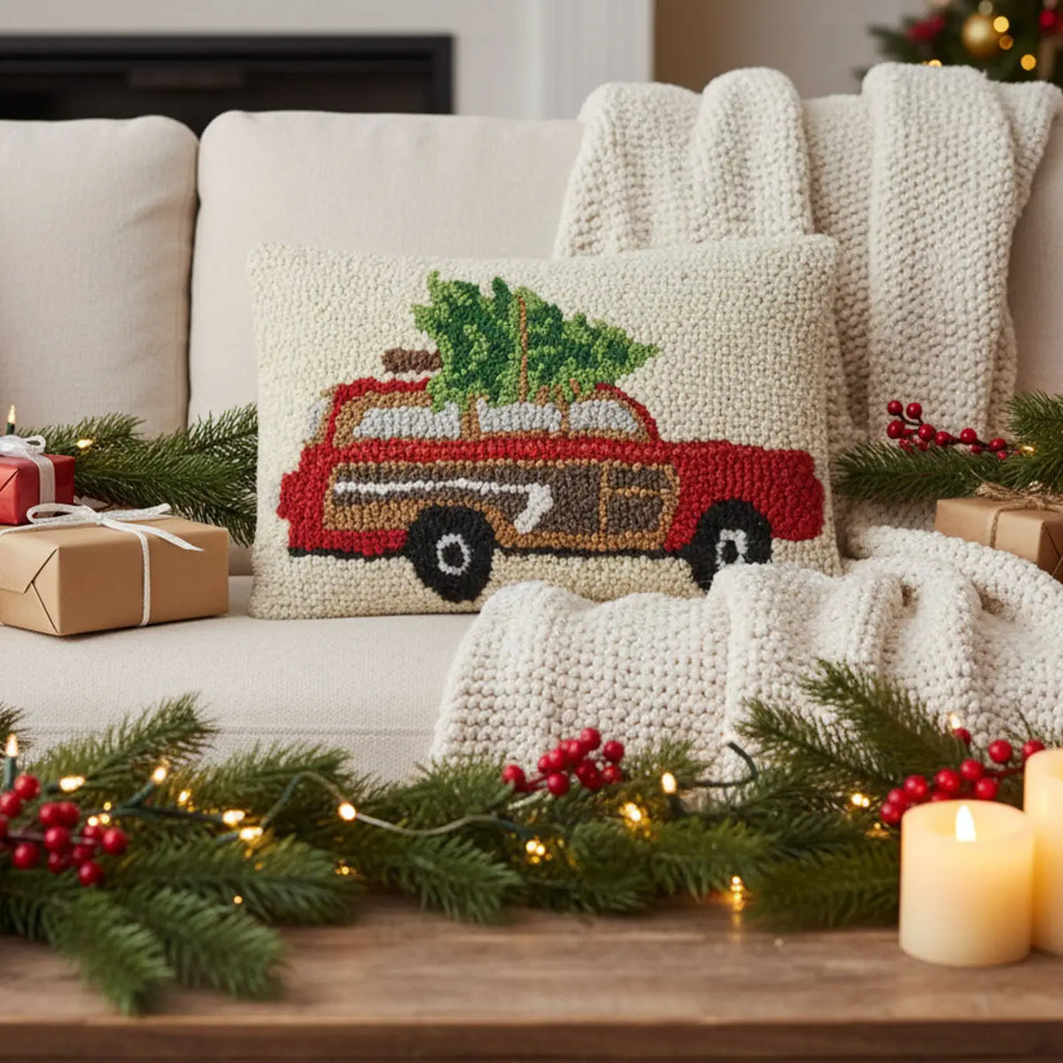 Christmas Station Wagon Hooked Pillow