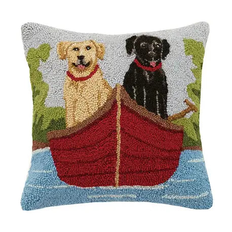 Lab Dogs on Canoe Hooked Pillow
