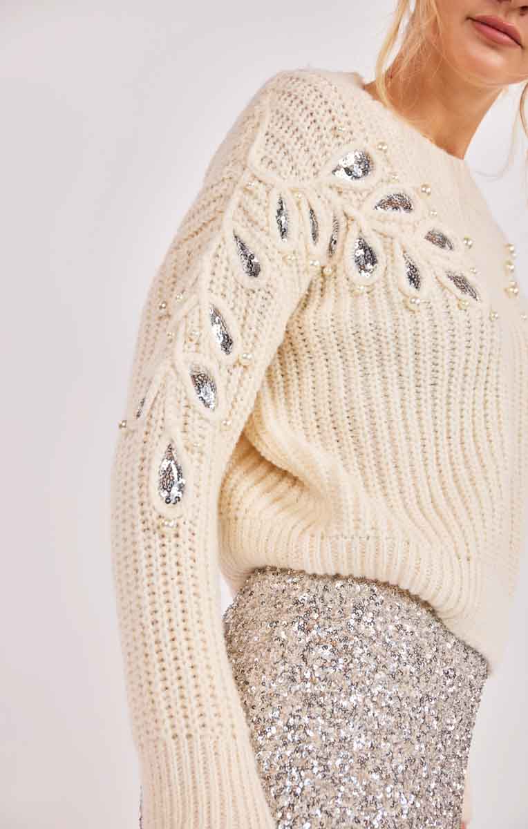 Monroe Leaf Cutout Embellished Sweater