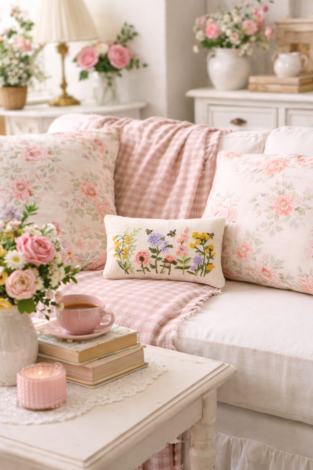 Floral Natural Field Embroidered Pillow