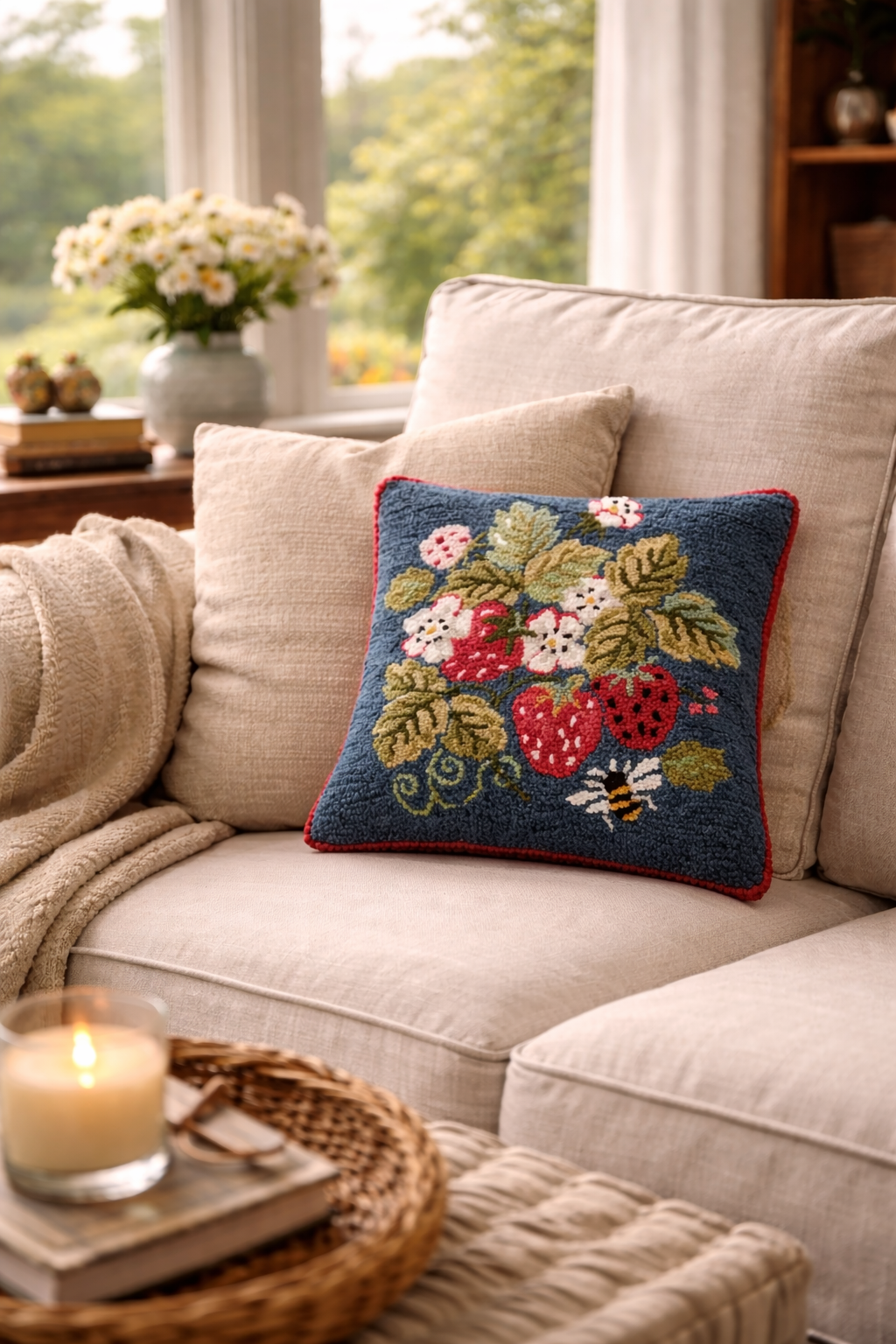 Vintage Strawberry Hooked Pillow