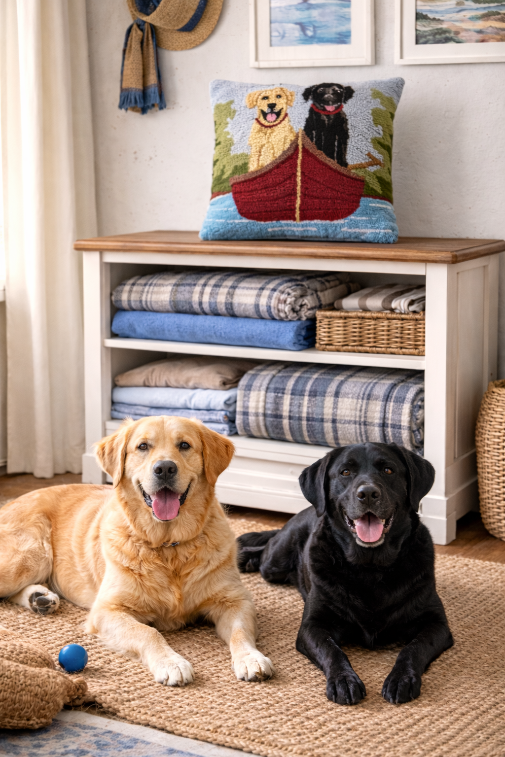 Lab Dogs on Canoe Hooked Pillow