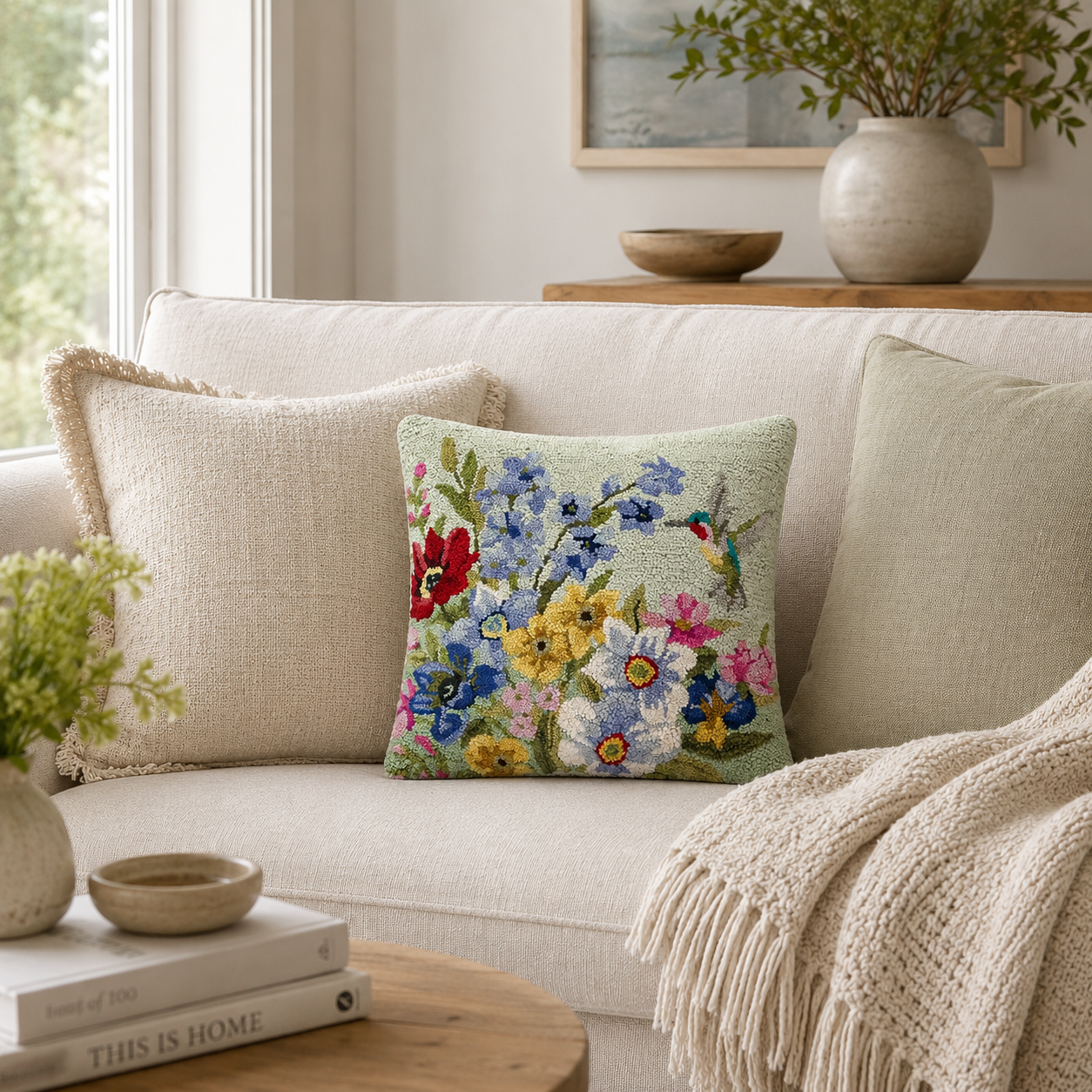 Hummingbird Flower Hooked Pillow