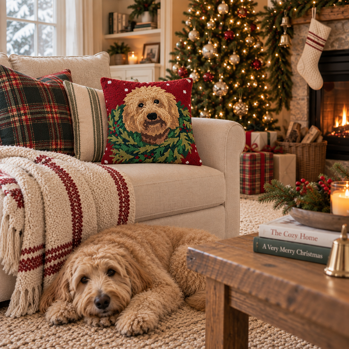 Labradoodle with Wreath Hooked Pillow