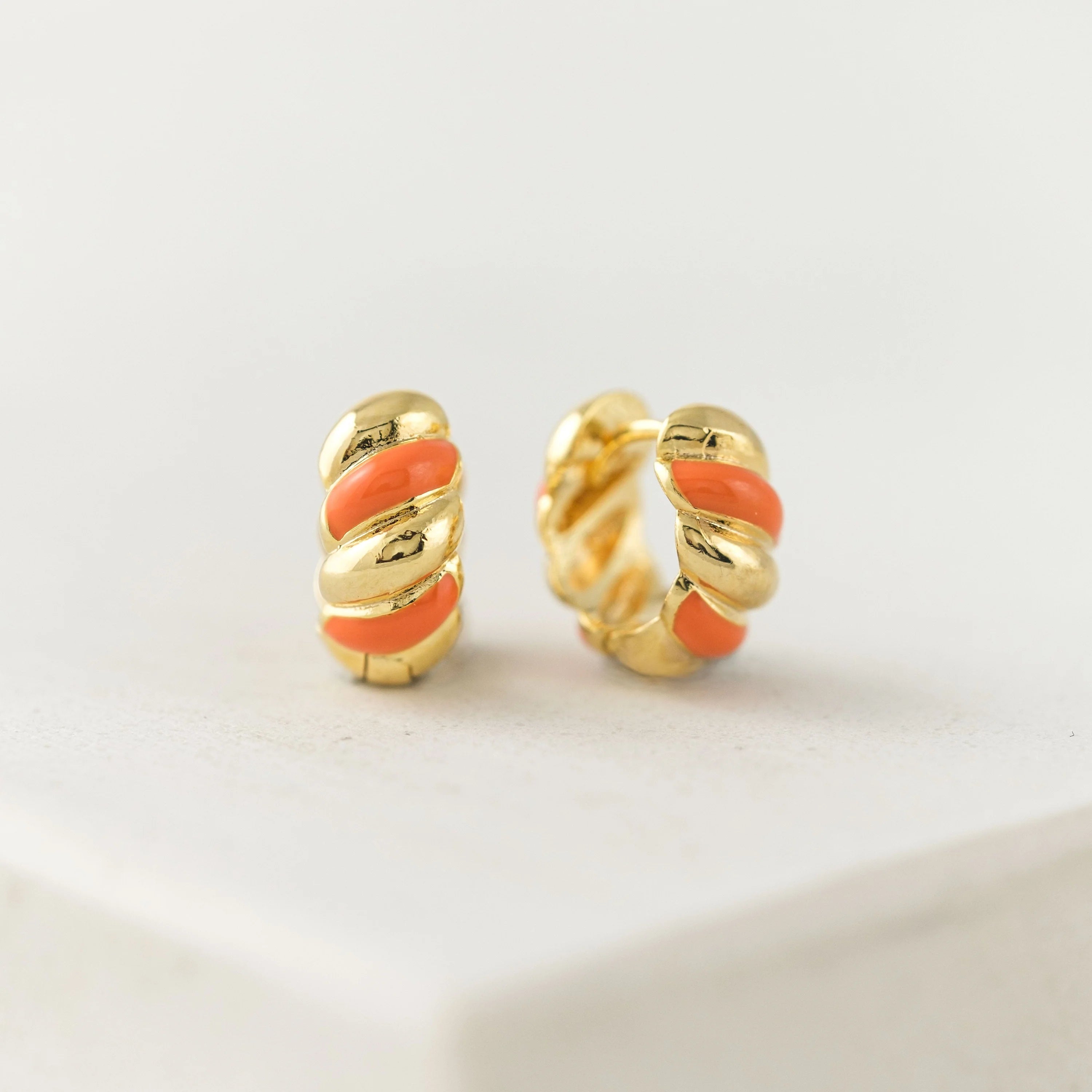 Croissant Enamel Huggie Hoop Earrings Gold/Orange