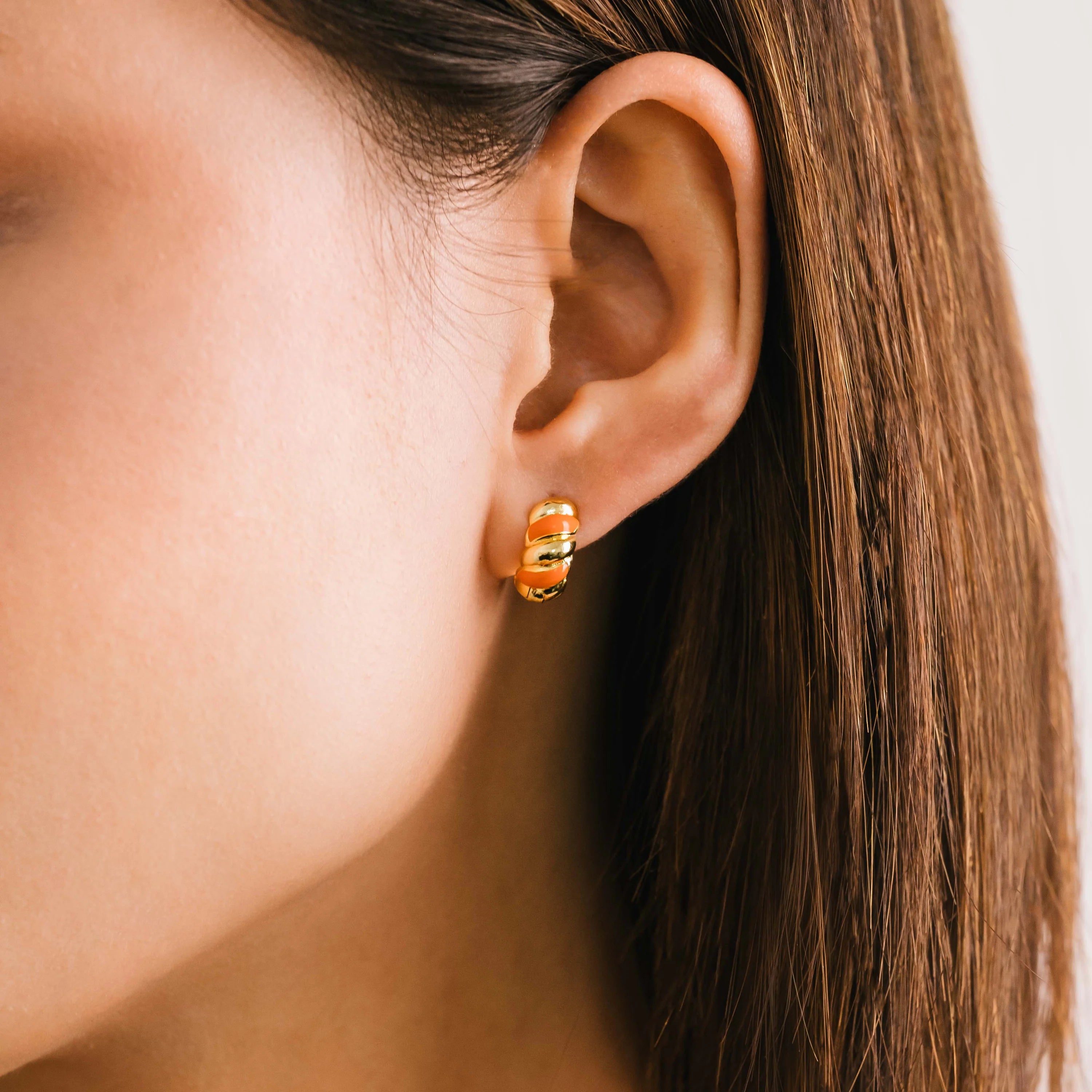 Croissant Enamel Huggie Hoop Earrings Gold/Orange