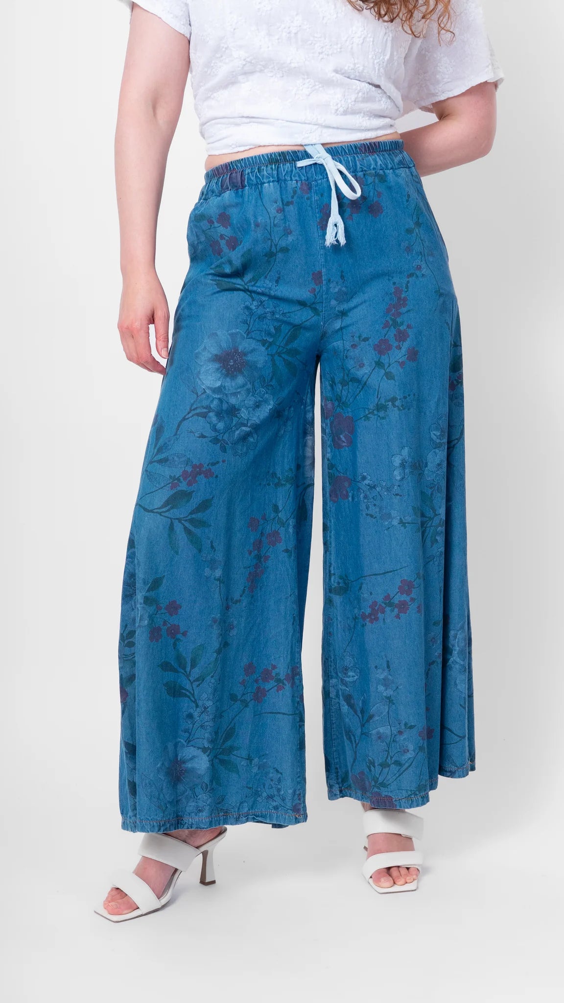 Blue Denim Floral Palazzo Pant