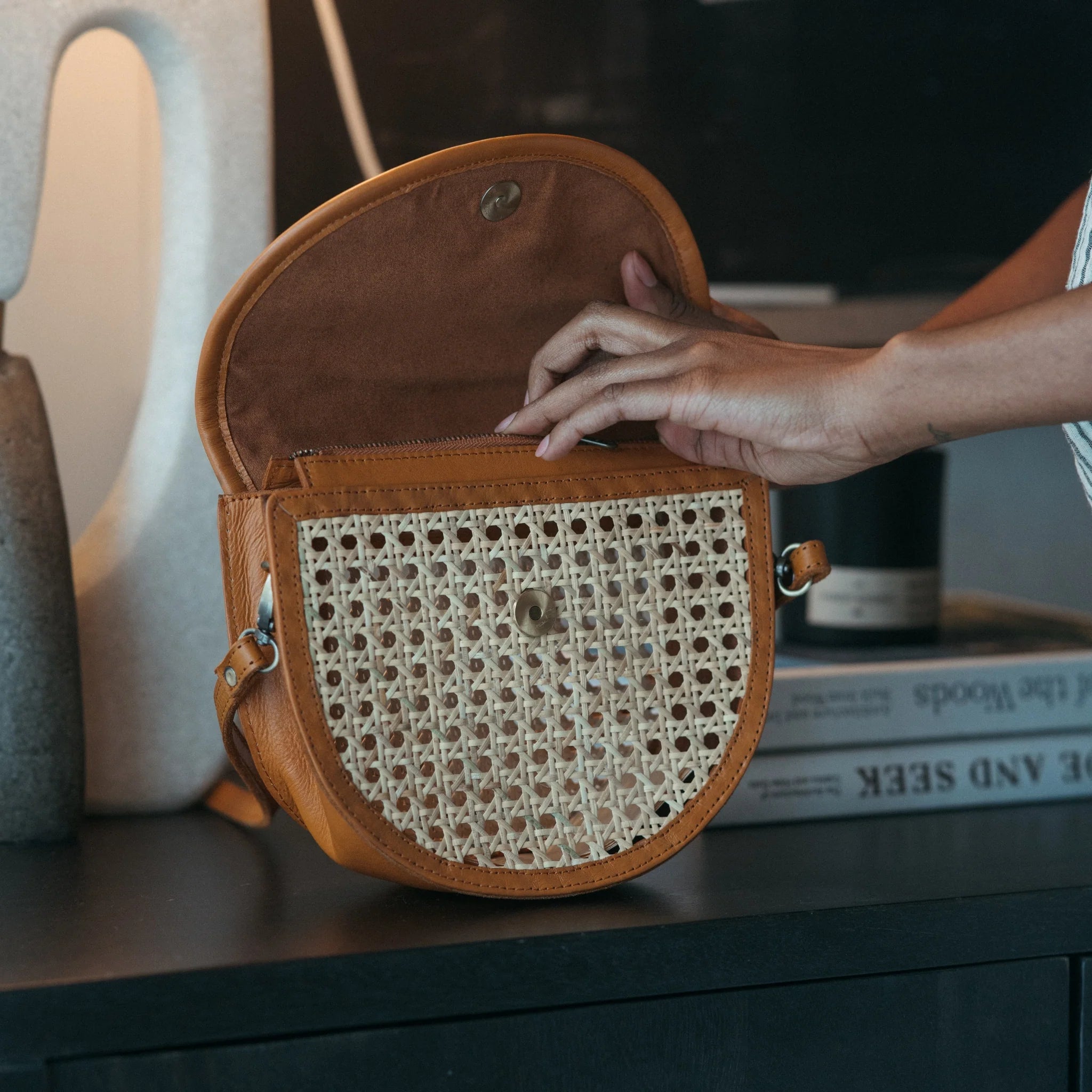 Half Moon Leather Bag Cane Accent
