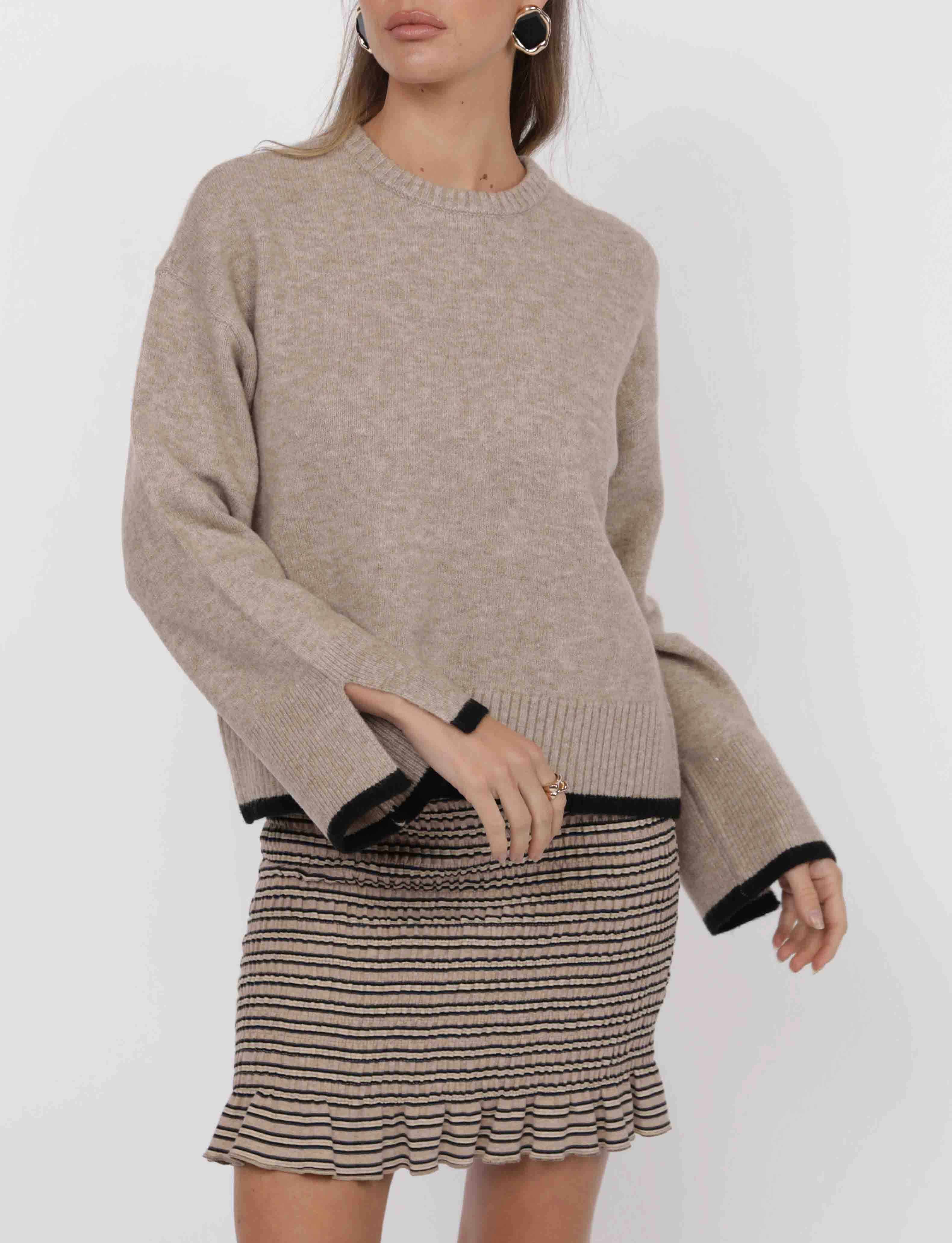 Angelina Cuff Slit Crew Neck Sweater
