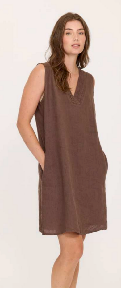 Pleated V-Neck Linen Dress