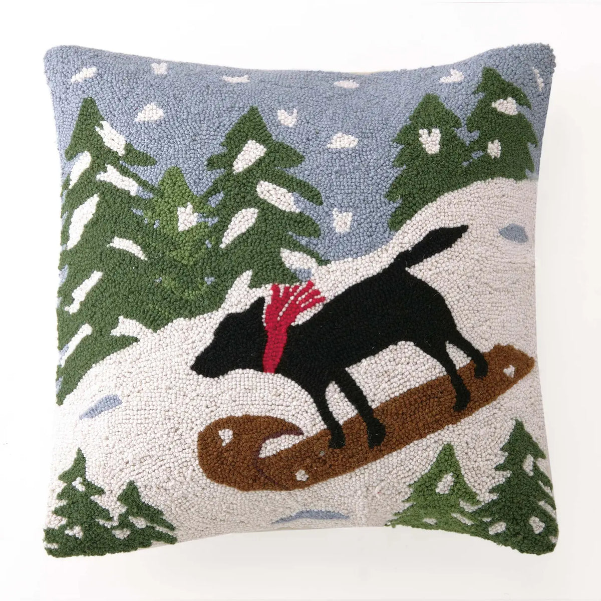 Sledding Black Lab Hooked Pillow