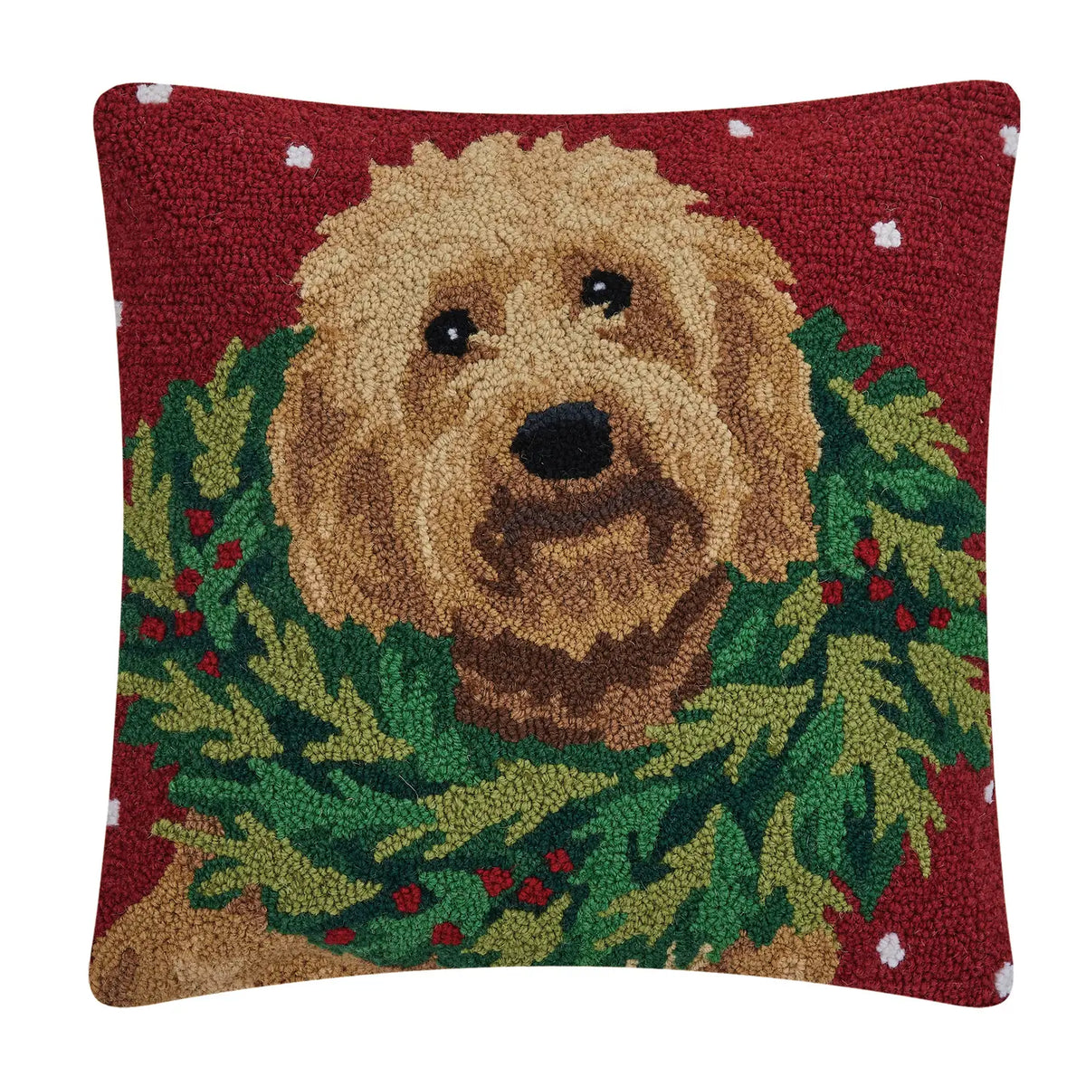 Labradoodle with Wreath Hooked Pillow