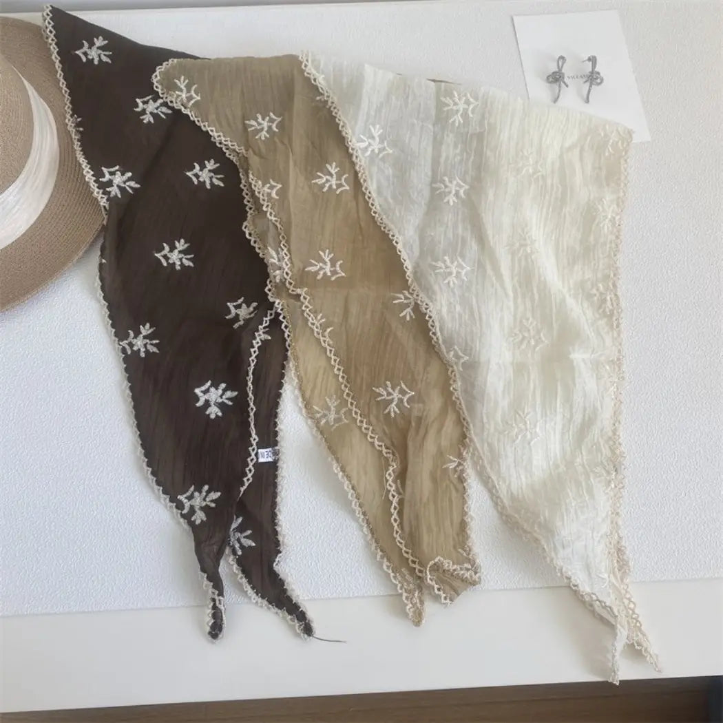 Floral Embroidered Lace Trim Triangle Scarf