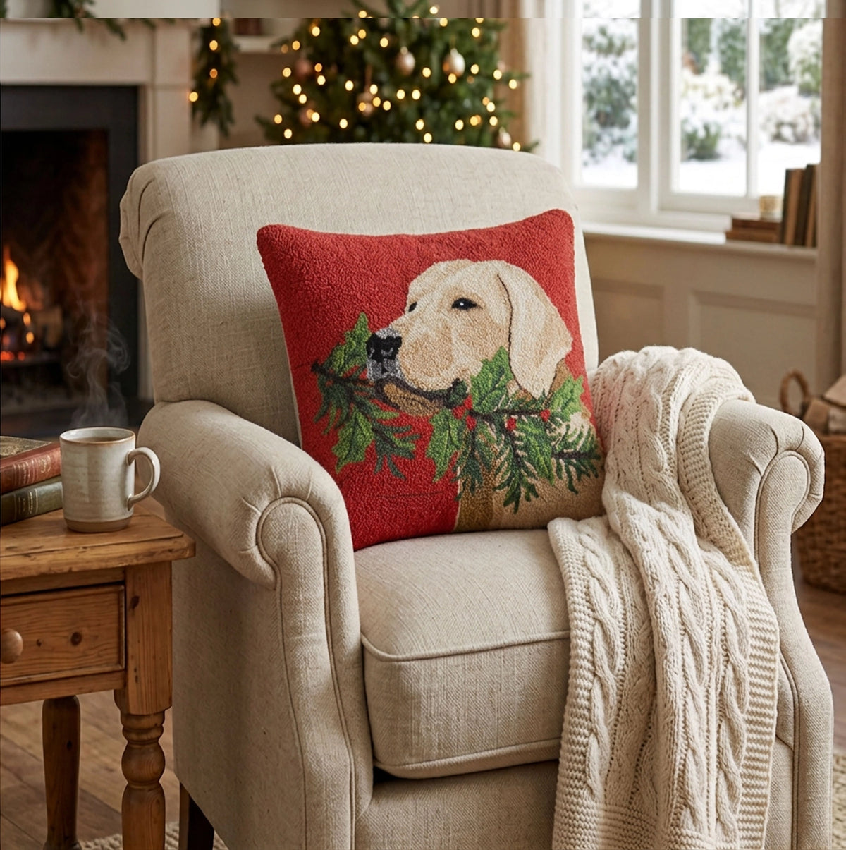 Golden Lab Dog with Holly Branch Hook Pillow