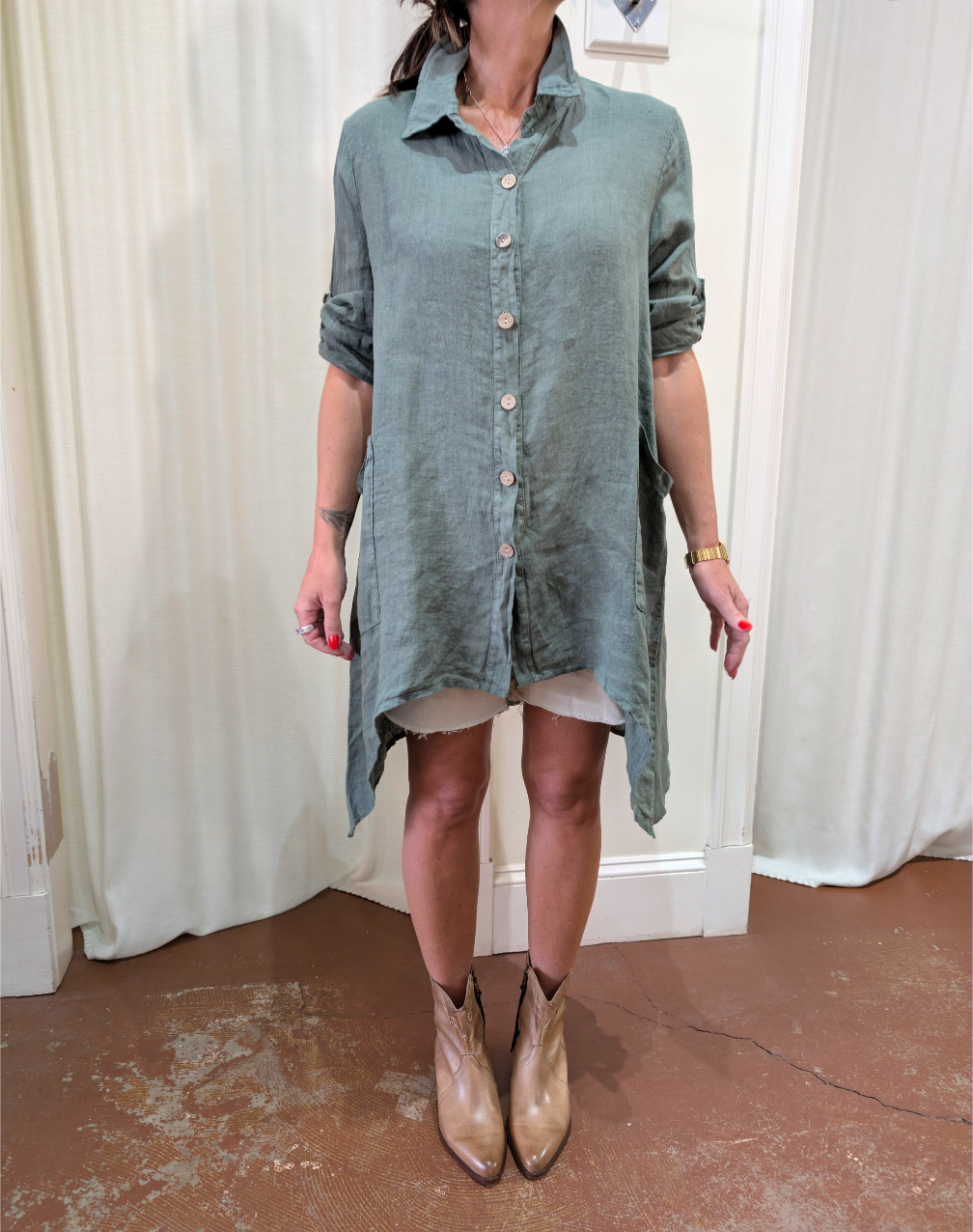 Linen Button Down Tunic with Pockets