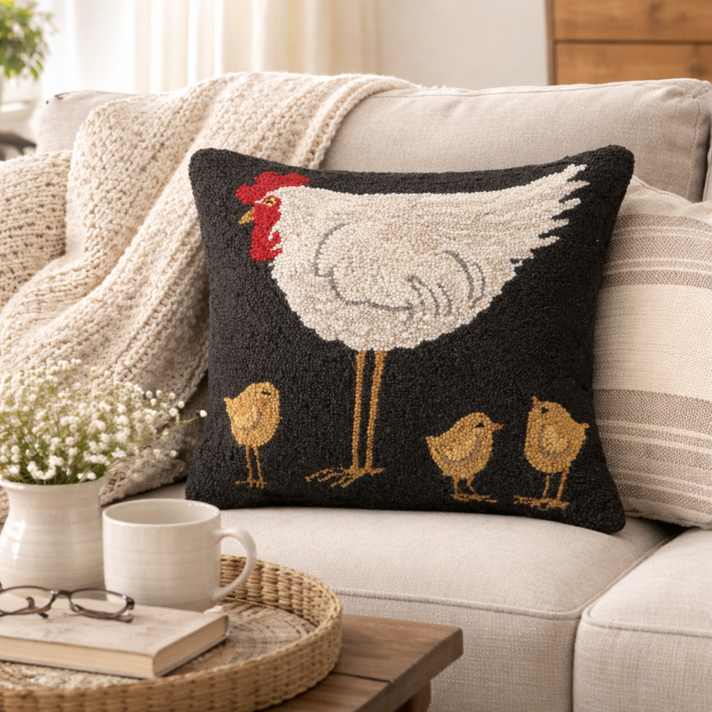 Hen & Chicks Hooked Pillow