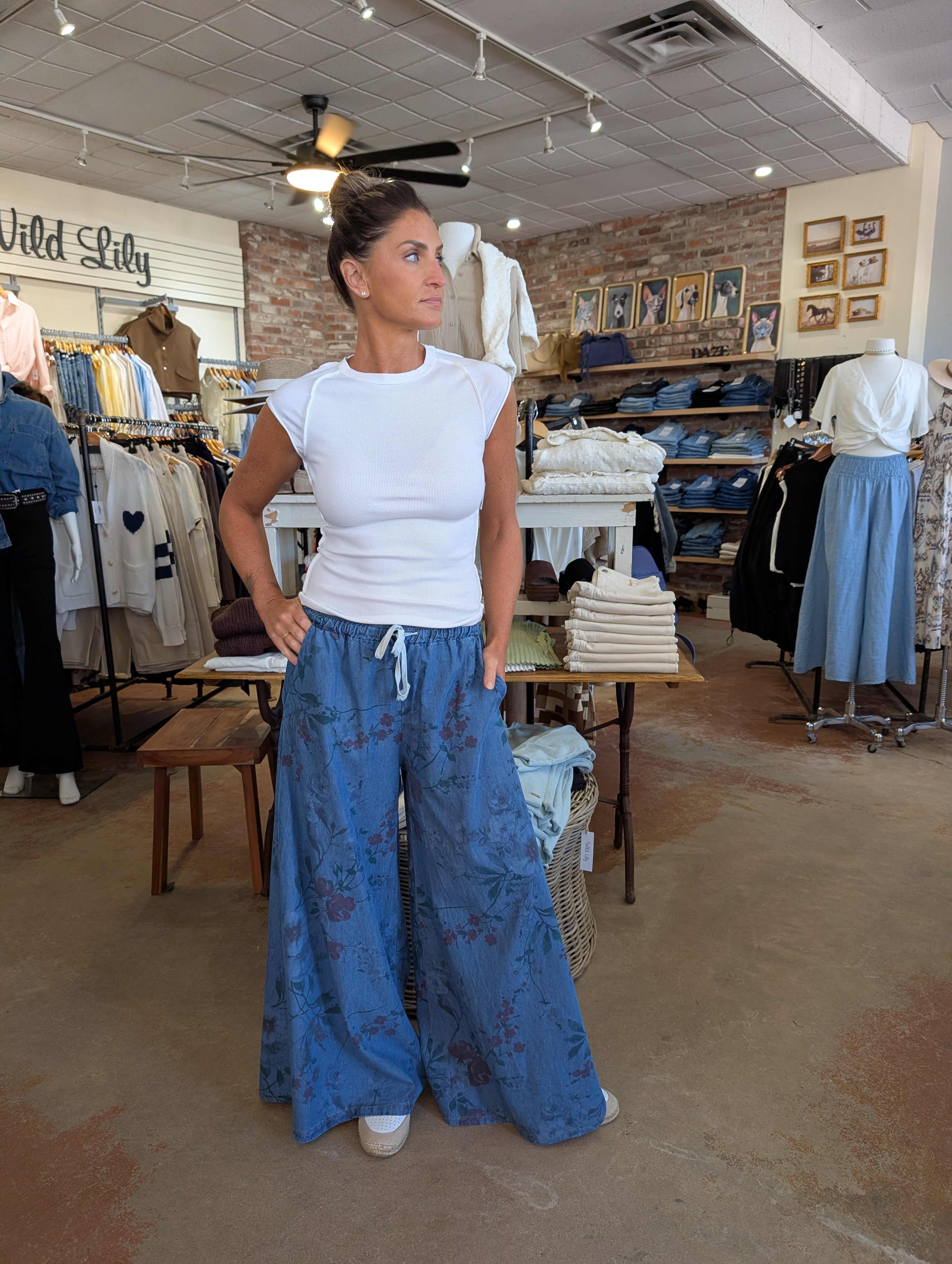 Blue Denim Floral Palazzo Pant