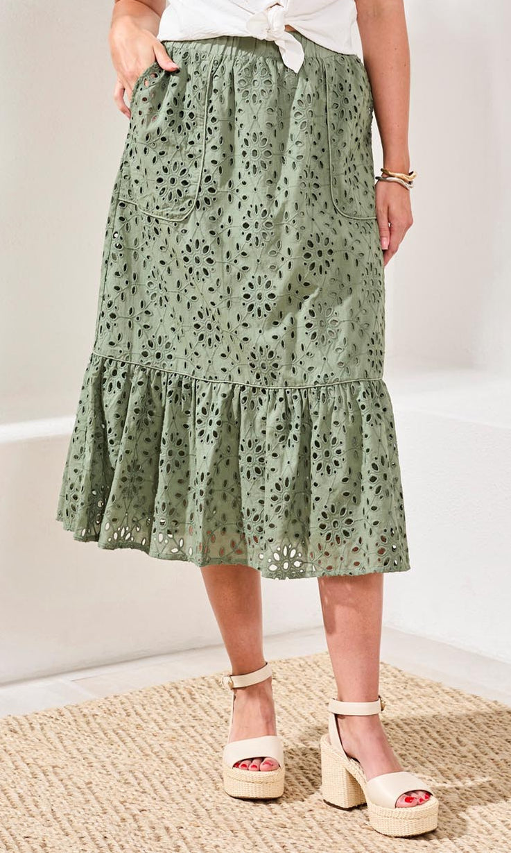 Eyelet Midi Skirt With Ruffle Hem