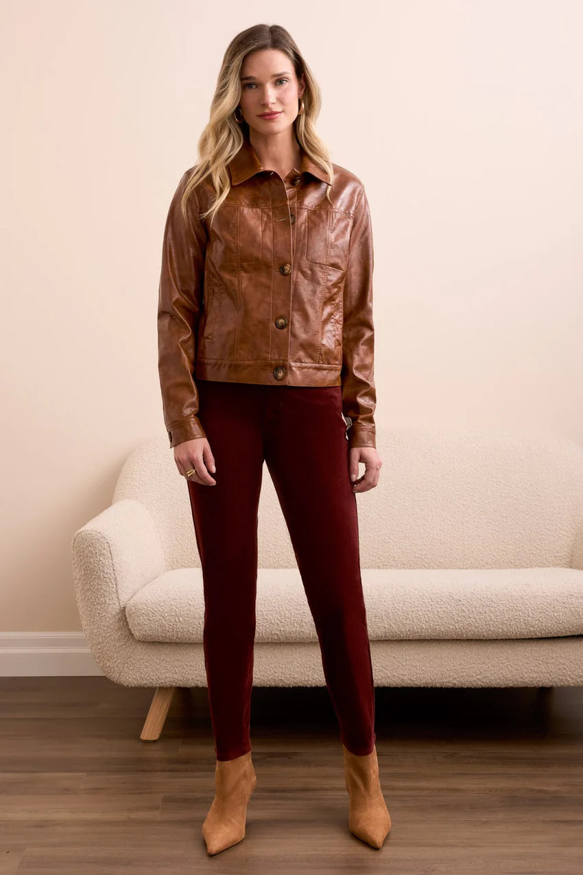 Faux Leather Button-Front Collar-Accent Jacket
