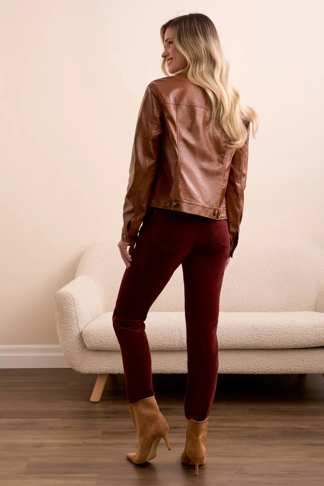 Faux Leather Button-Front Collar-Accent Jacket
