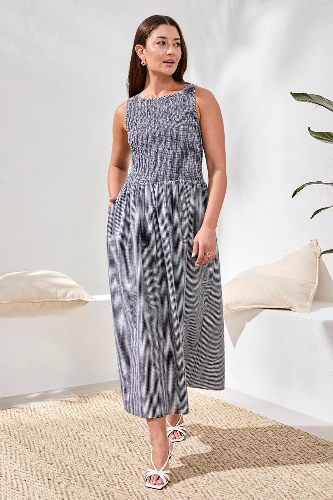 Gingham Smocked Bodice Maxi Dress