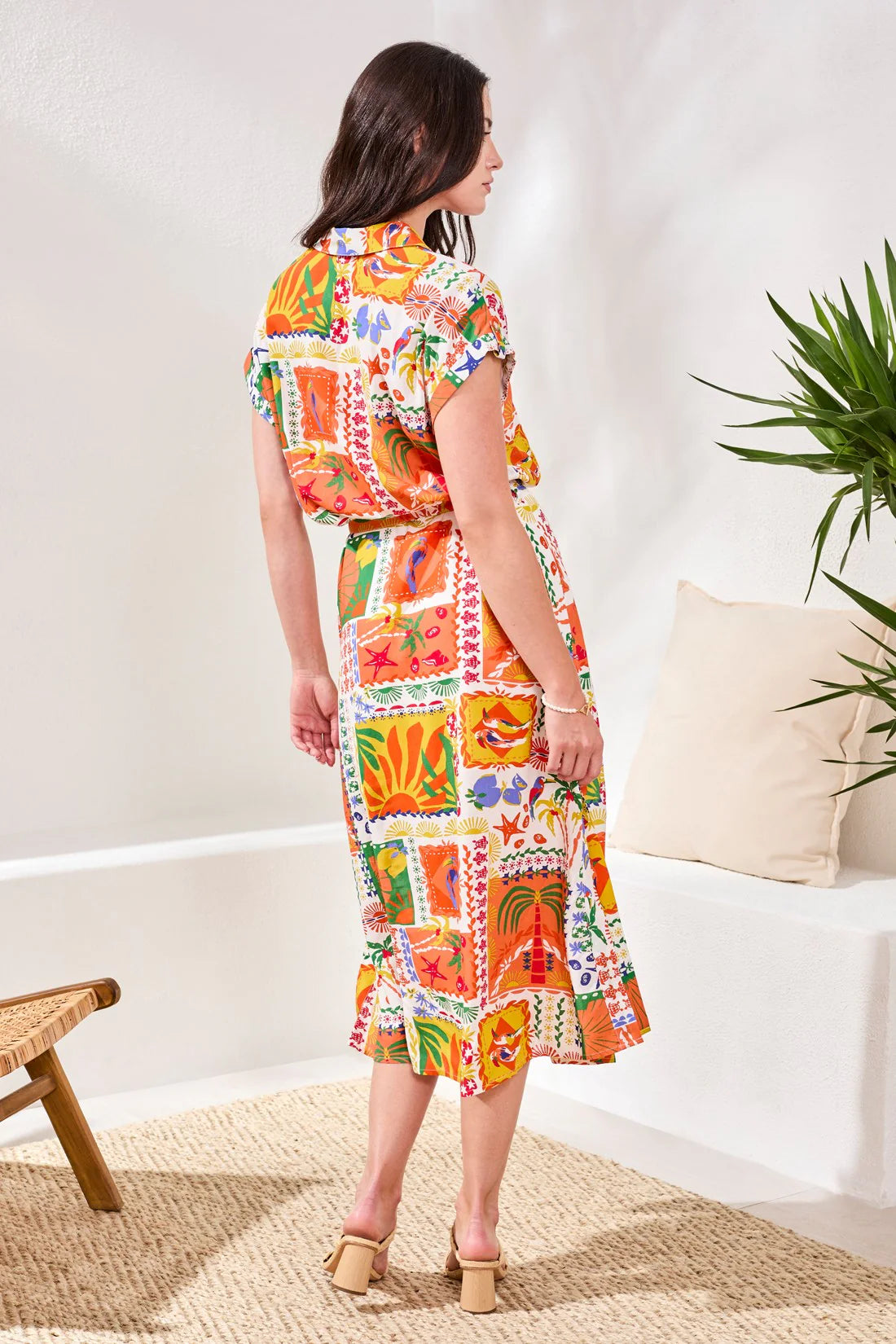 Button Front Belted Midi Dress