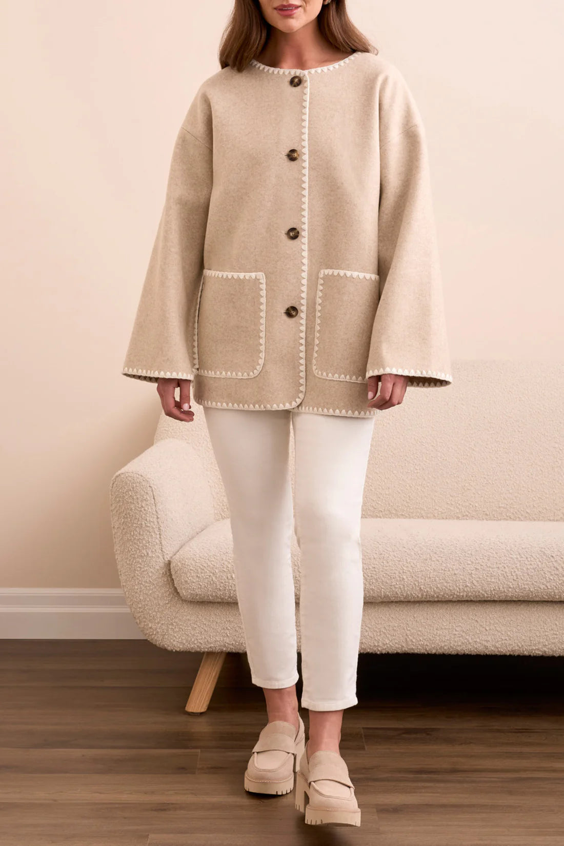 Button Front Coat with Detachable Scarf