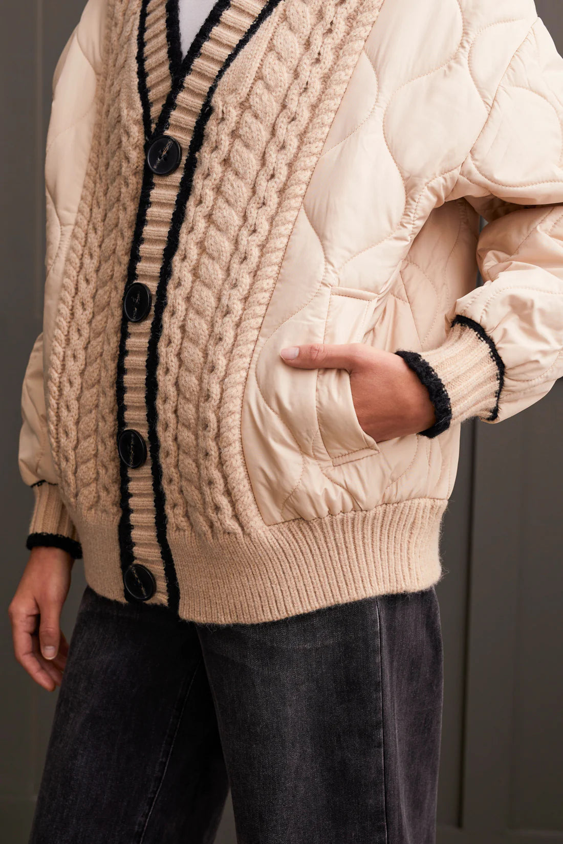 TRIBAL QUILTED CARDIGAN WITH SWEATER DETAIL