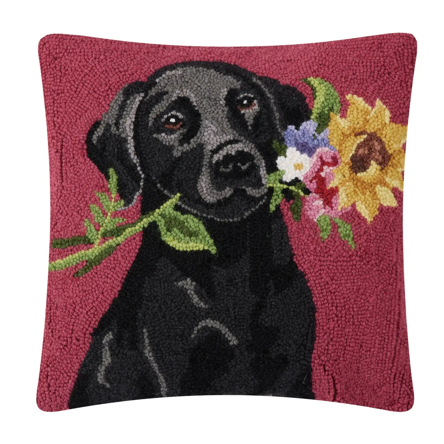 Floral Black Lab Hooked Pillow