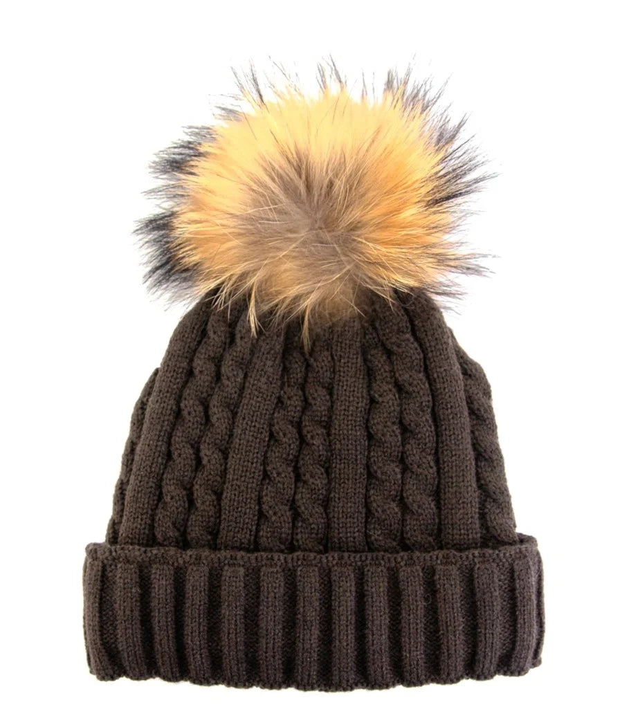 Cable Knit Racoon PomPom Beanie