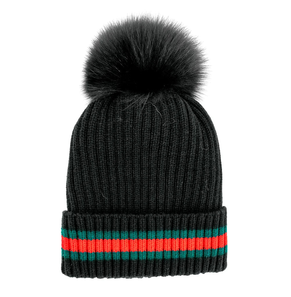 Stripe Knit PomPom Hat