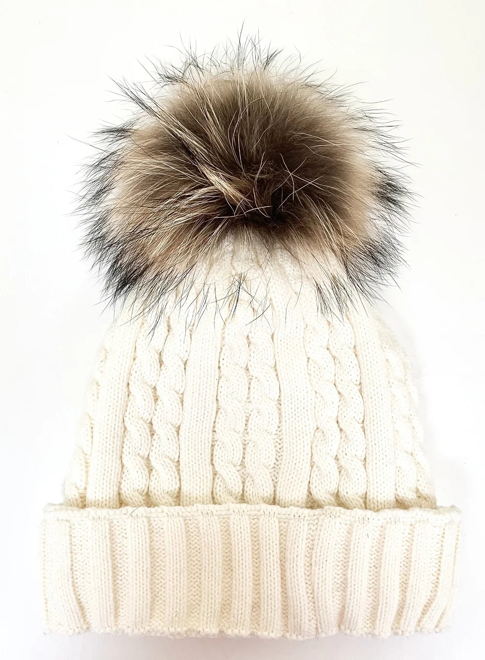 Cable Knit Racoon PomPom Beanie