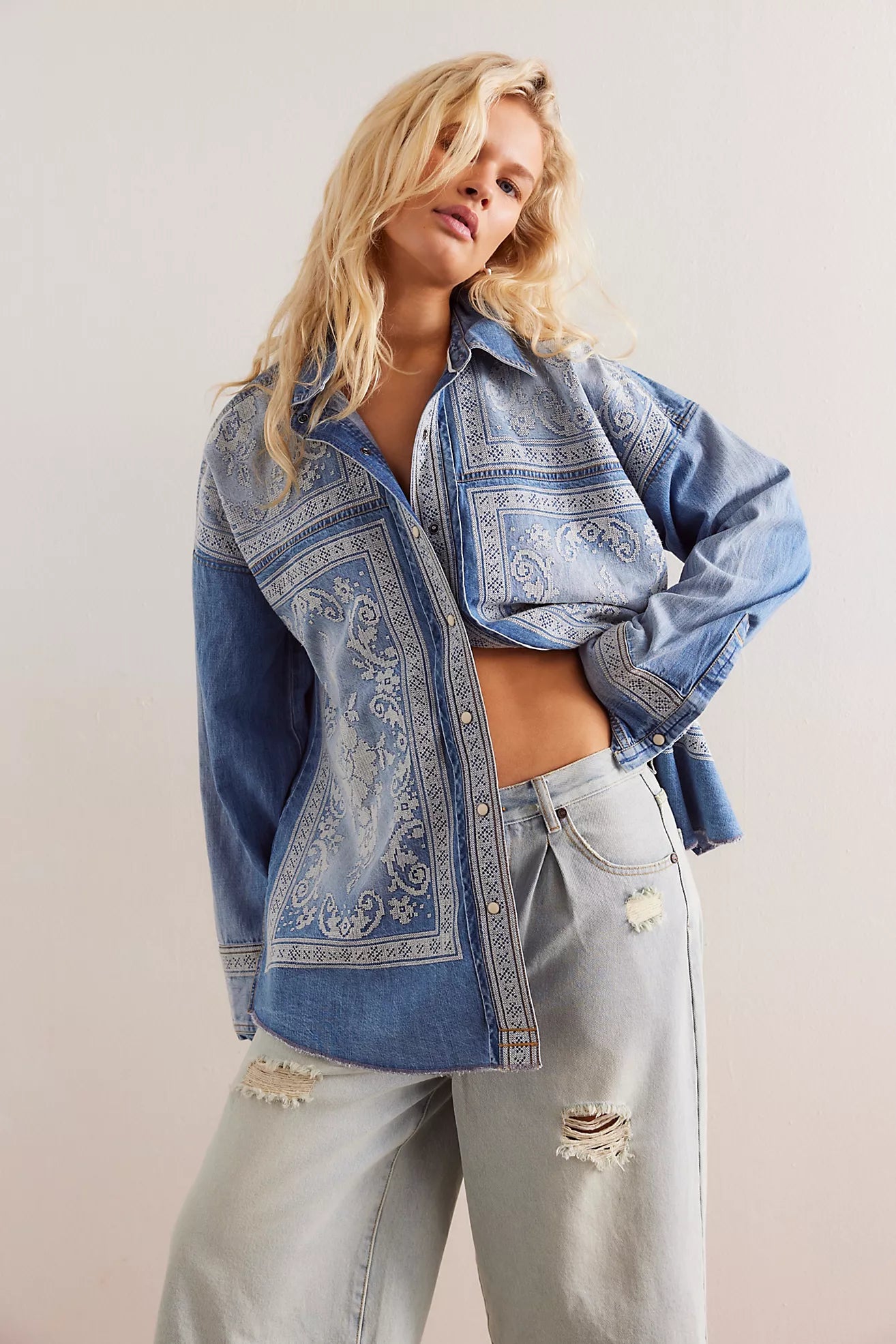 Free People We The Free Lace Embroidered Denim Shirt