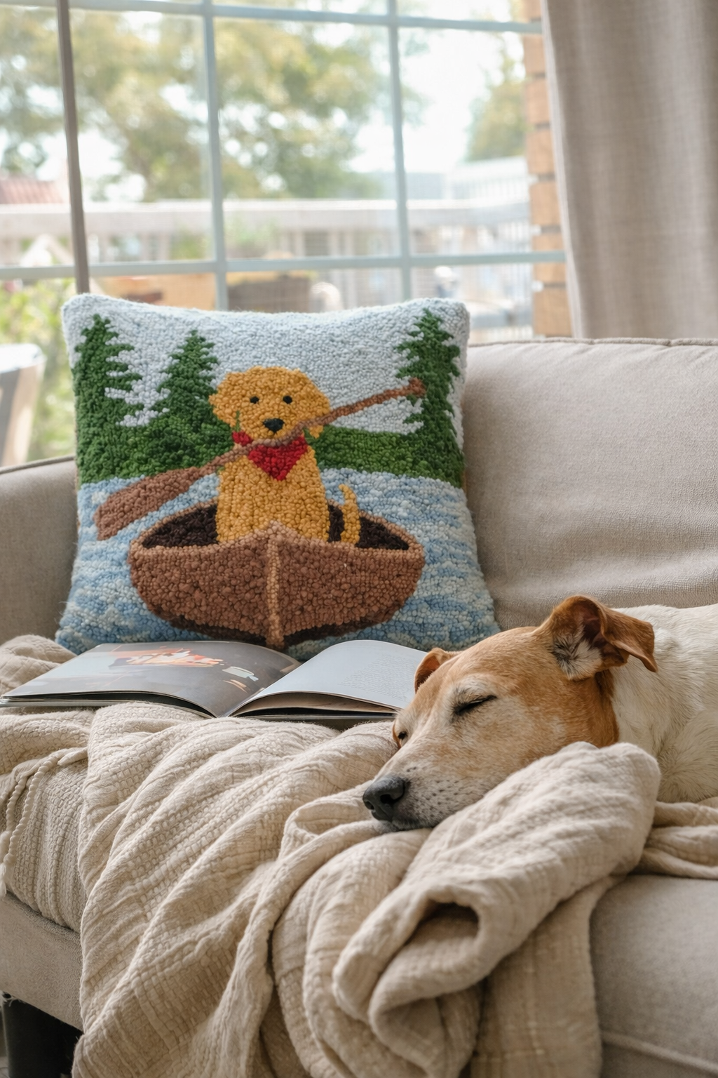 Golden Lab Canoeing Hooked Pillow