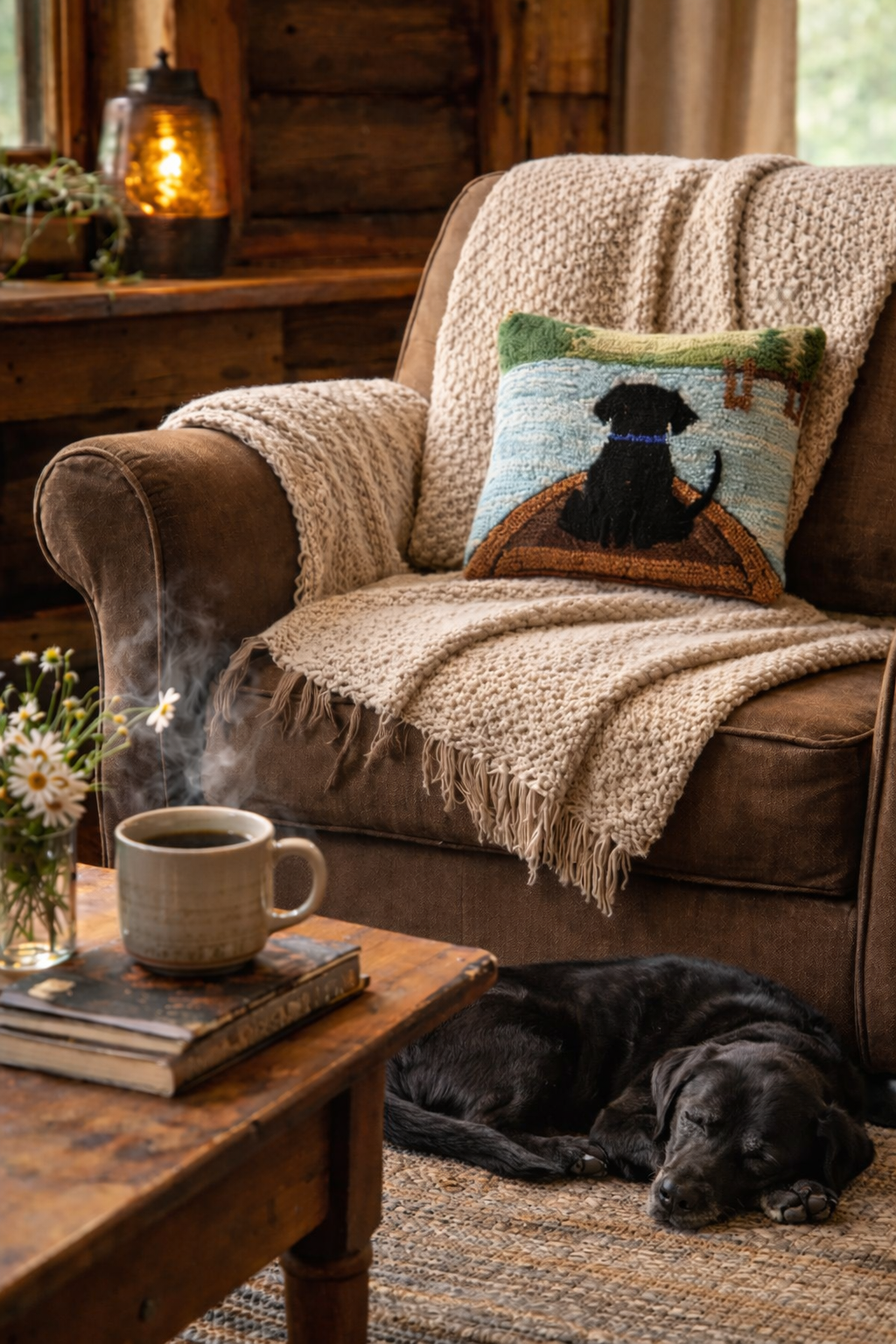 Black Lab in Canoe Hooked Pillow