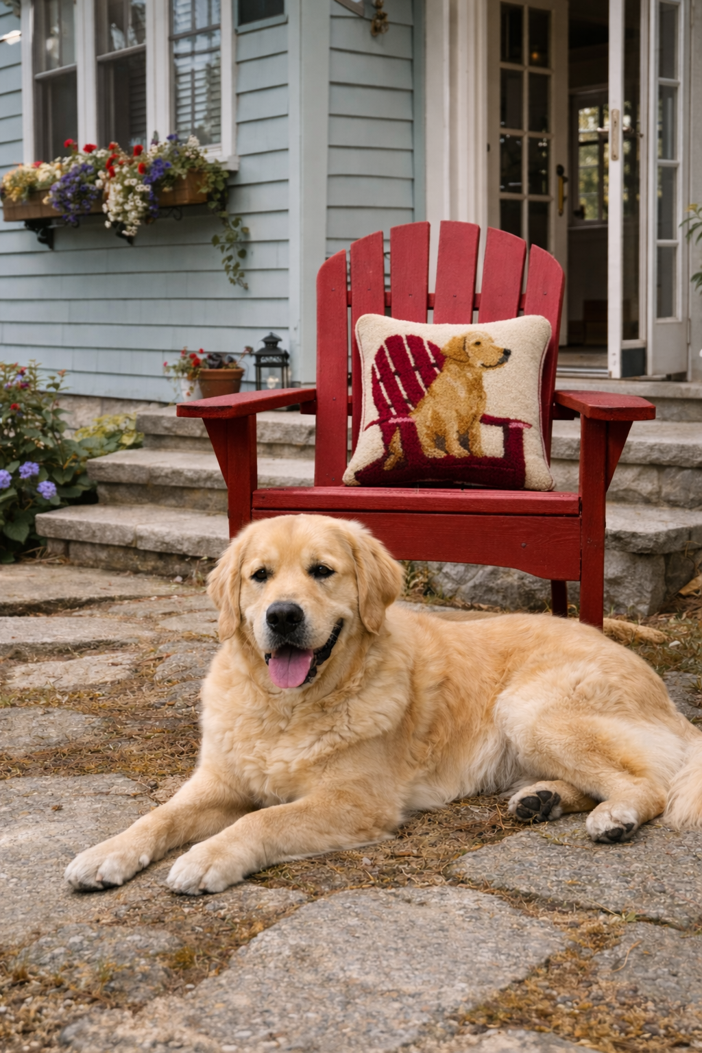 Retriever Dog w Adirondack Hooked Pillow