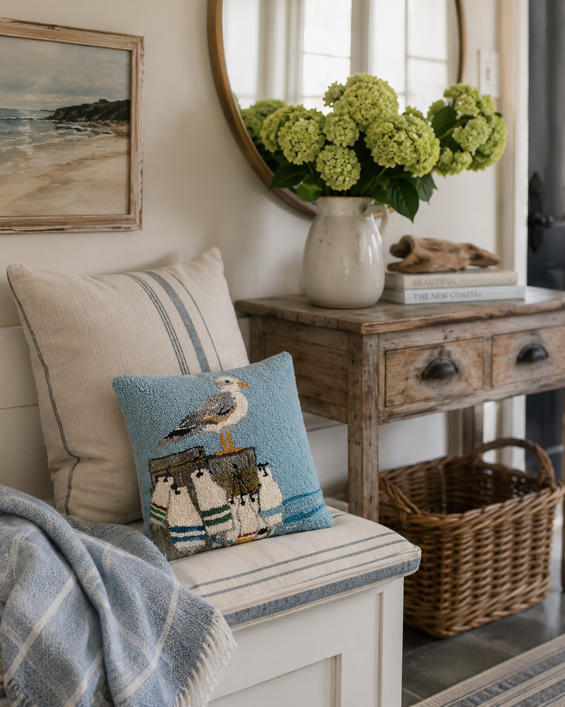 Seagull on Pier Hooked Pillow