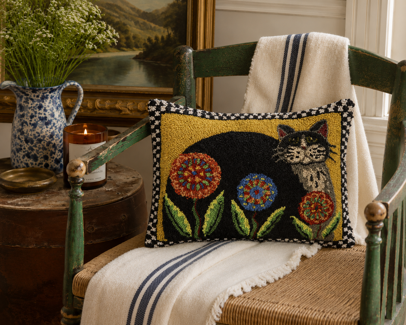 Penny Flower Cat Hooked Pillow