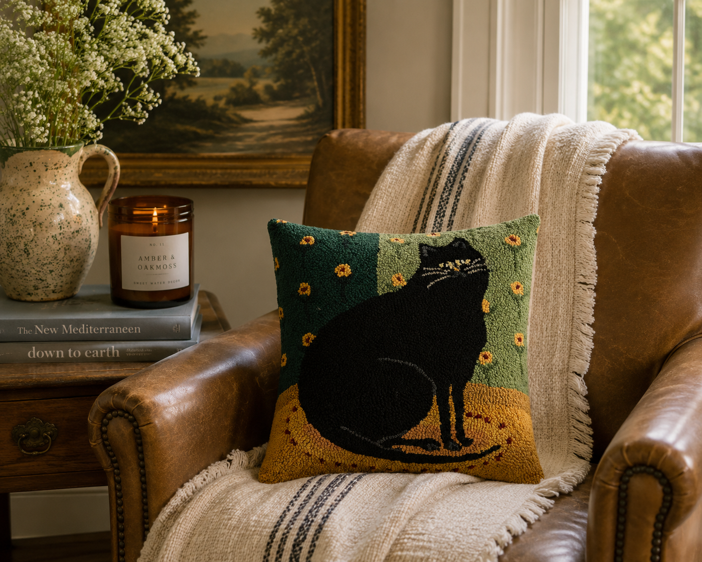Black Cat in Corner Hooked Pillow