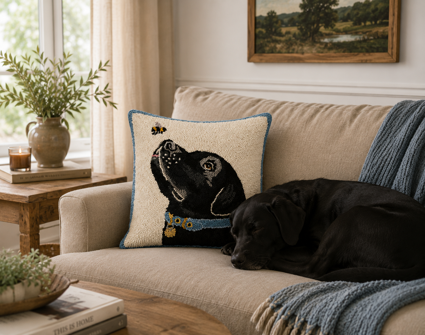 Black Lab with Bee Hooked Pillow