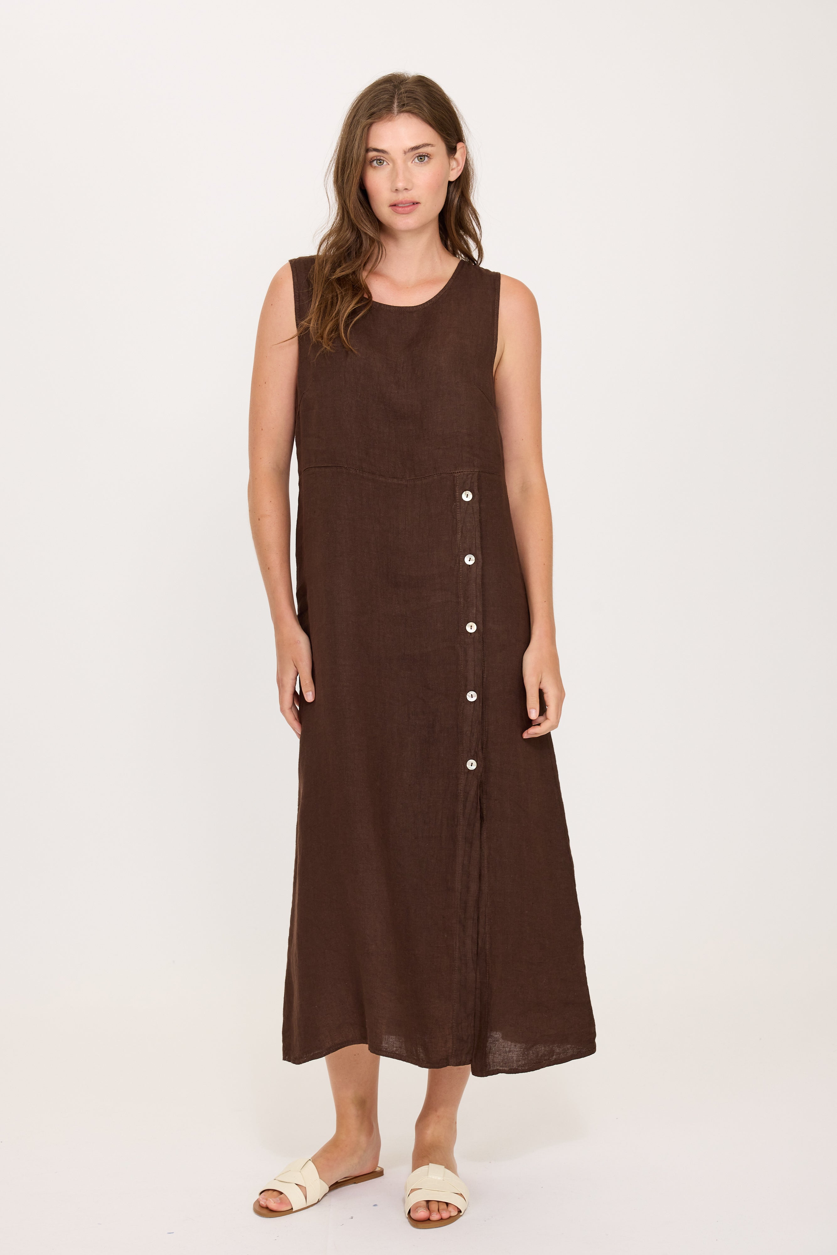 Sleeveless Side Button Linen Dress