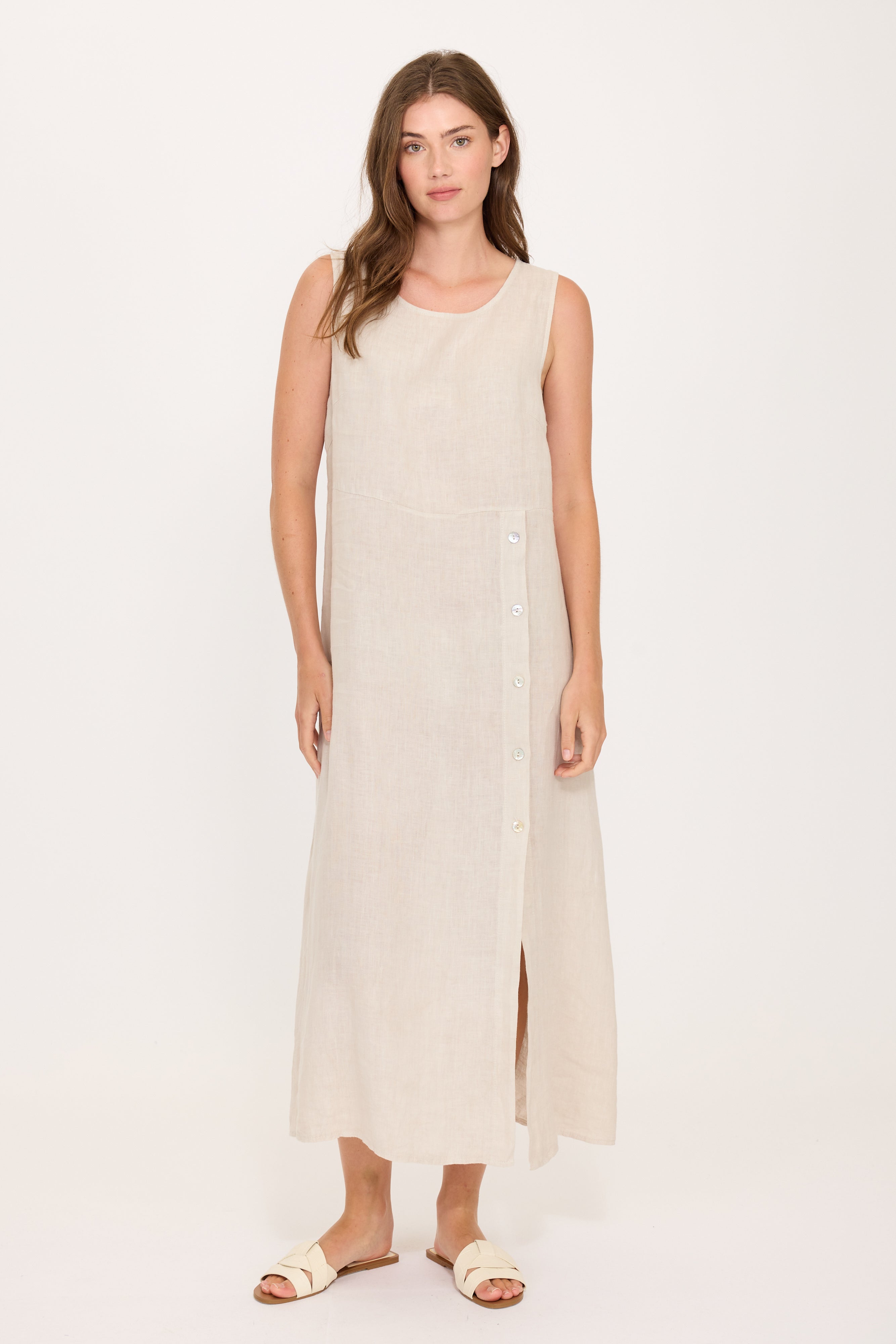 Sleeveless Side Button Linen Dress
