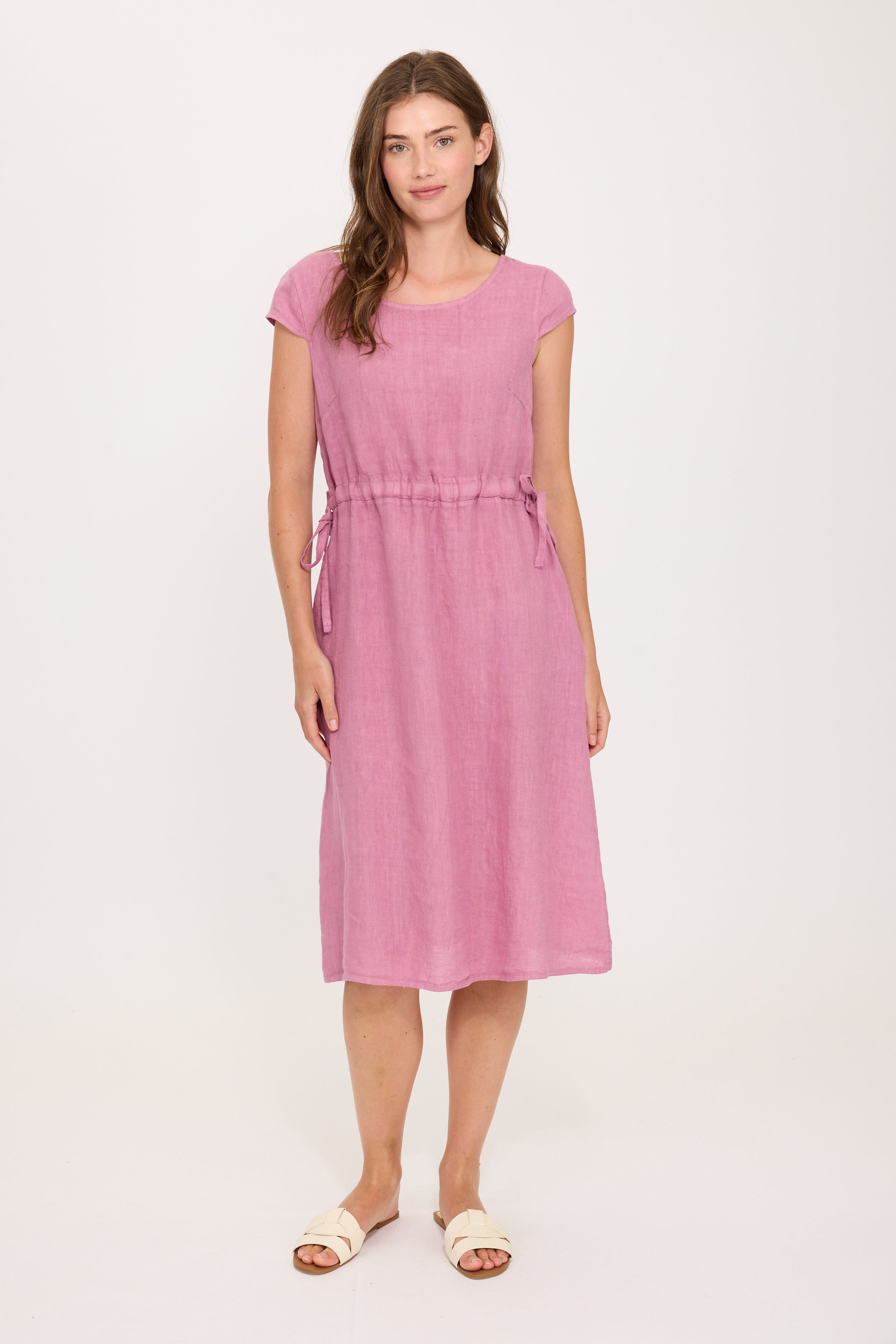 Drawstring Cap Sleeve Linen Dress