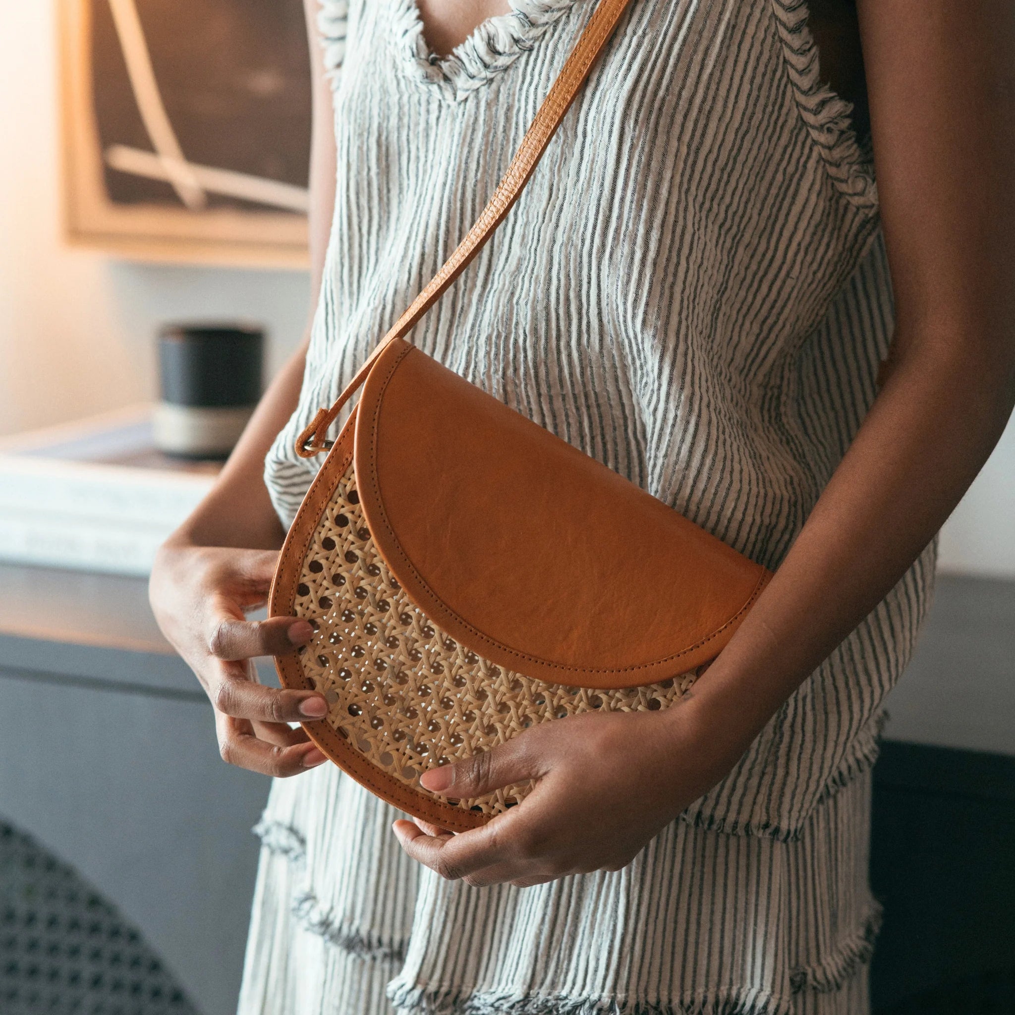 Half Moon Leather Bag Cane Accent