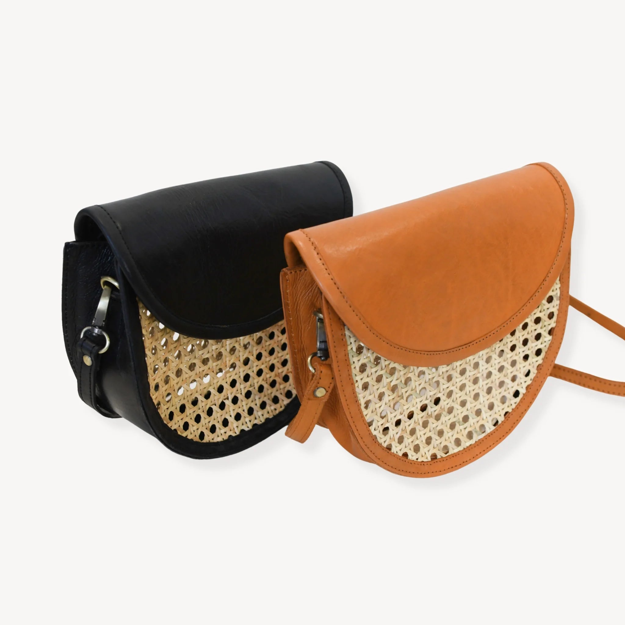Half Moon Leather Bag Cane Accent