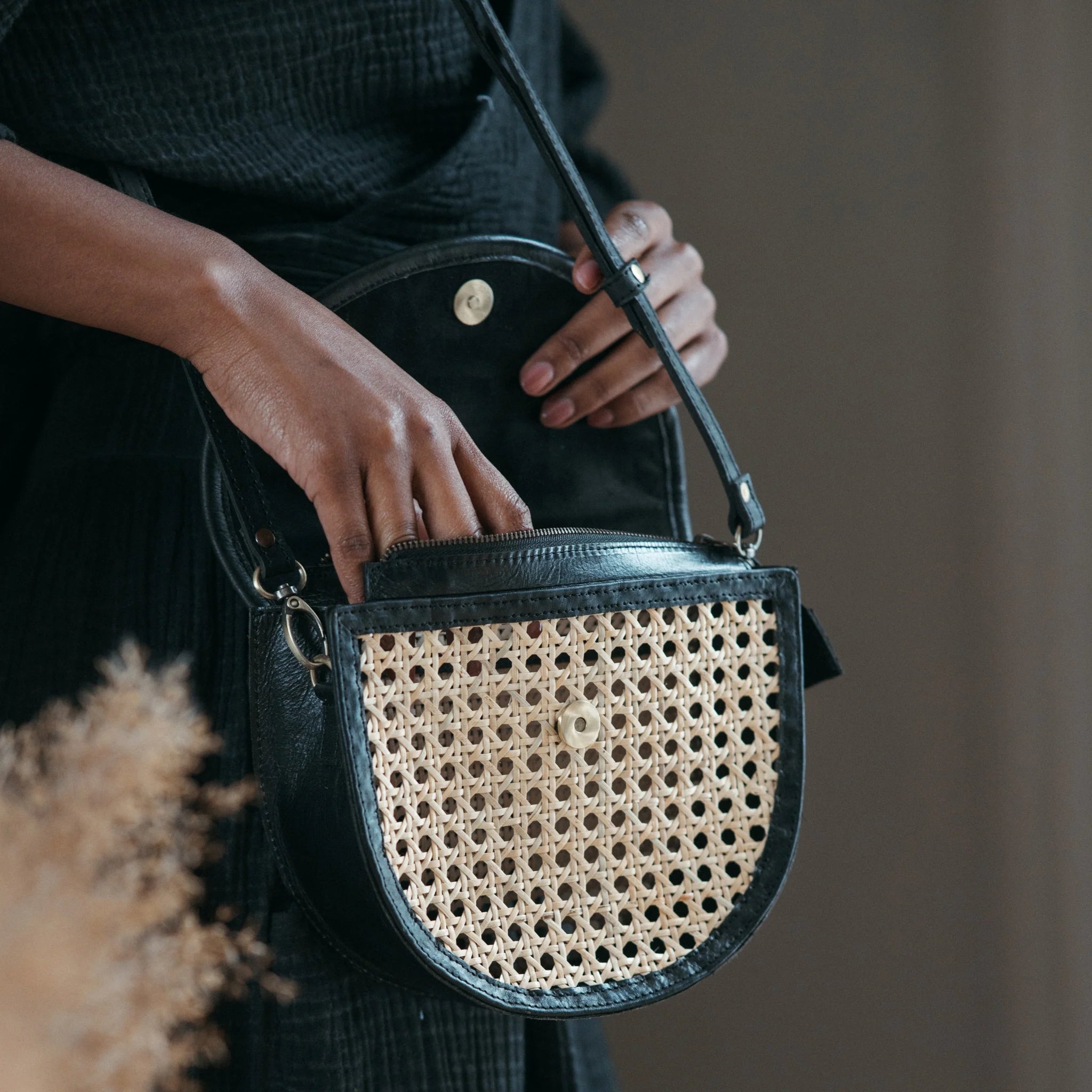 Half Moon Leather Bag Cane Accent