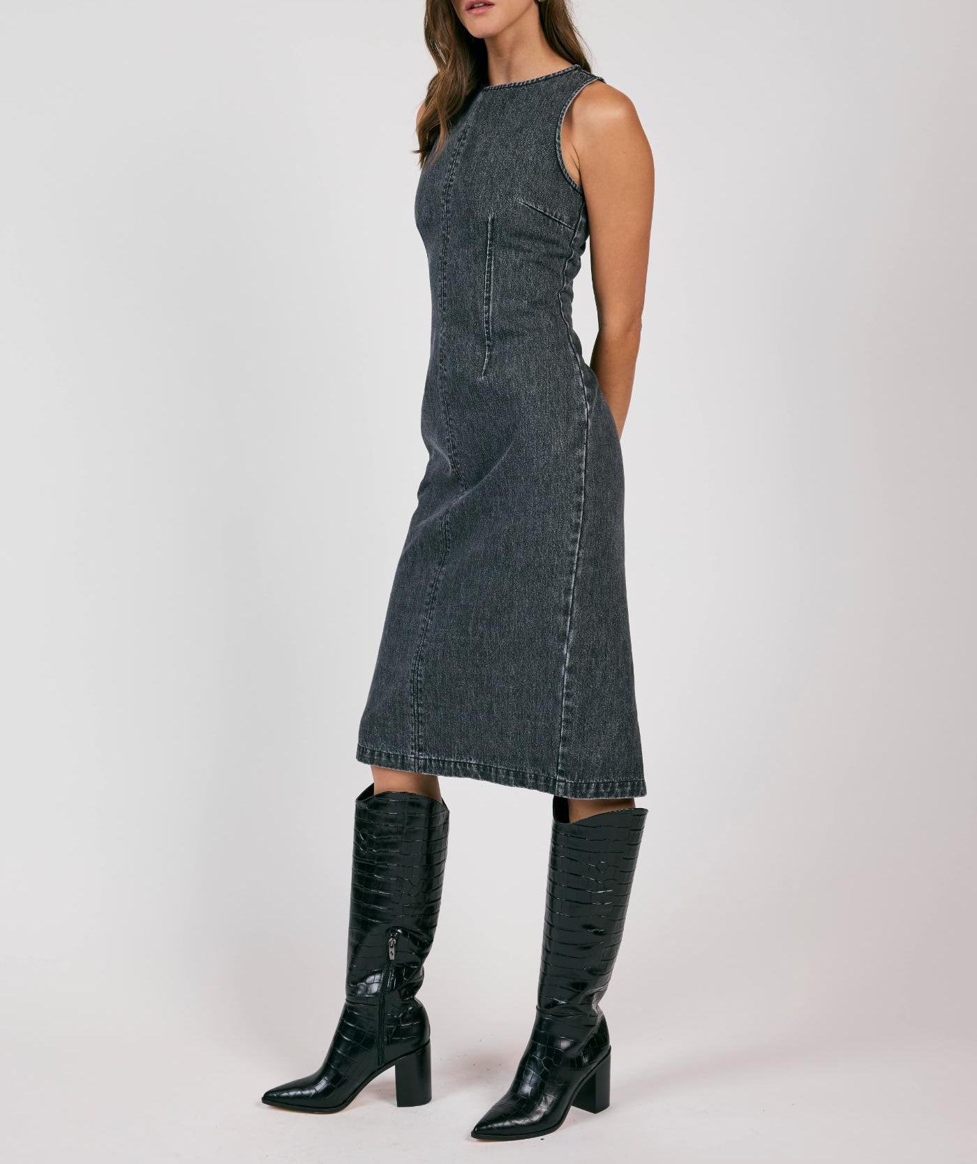 Transformative Fitted Denim Midi Dress