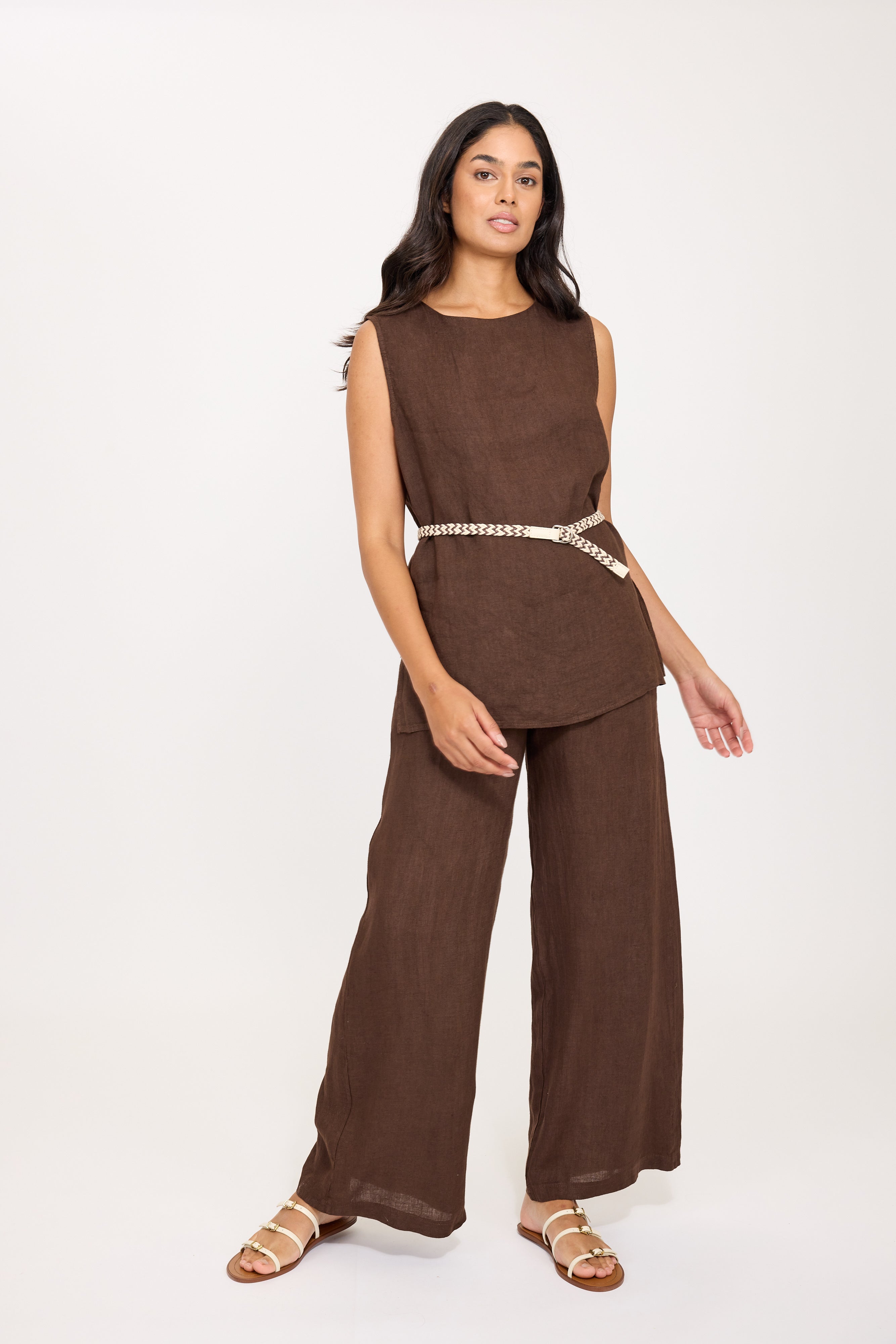 Sleeveless Linen Crew Neck w/ Side Slits