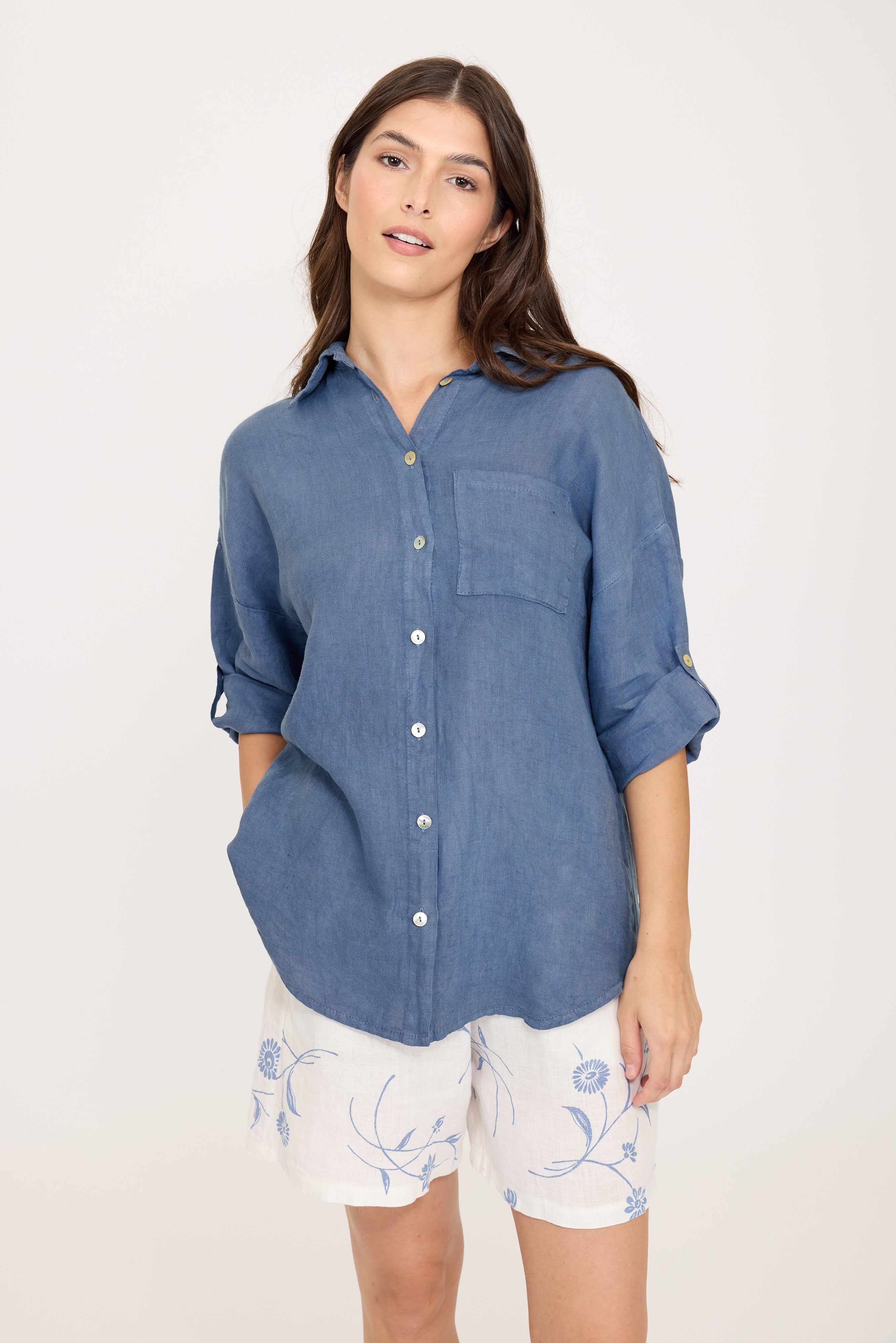 One Pocket Loose Linen Blouse