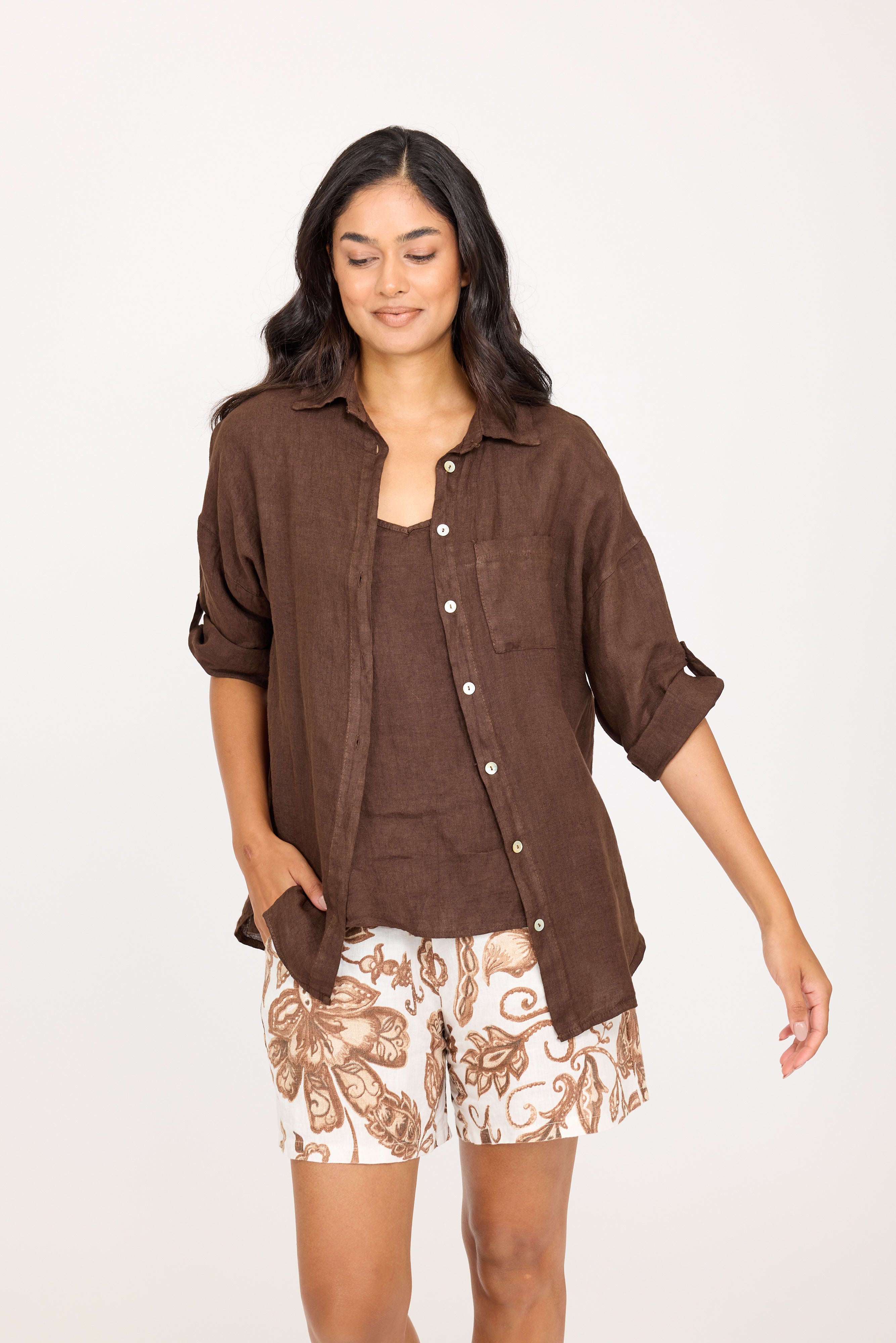 One Pocket Loose Linen Blouse